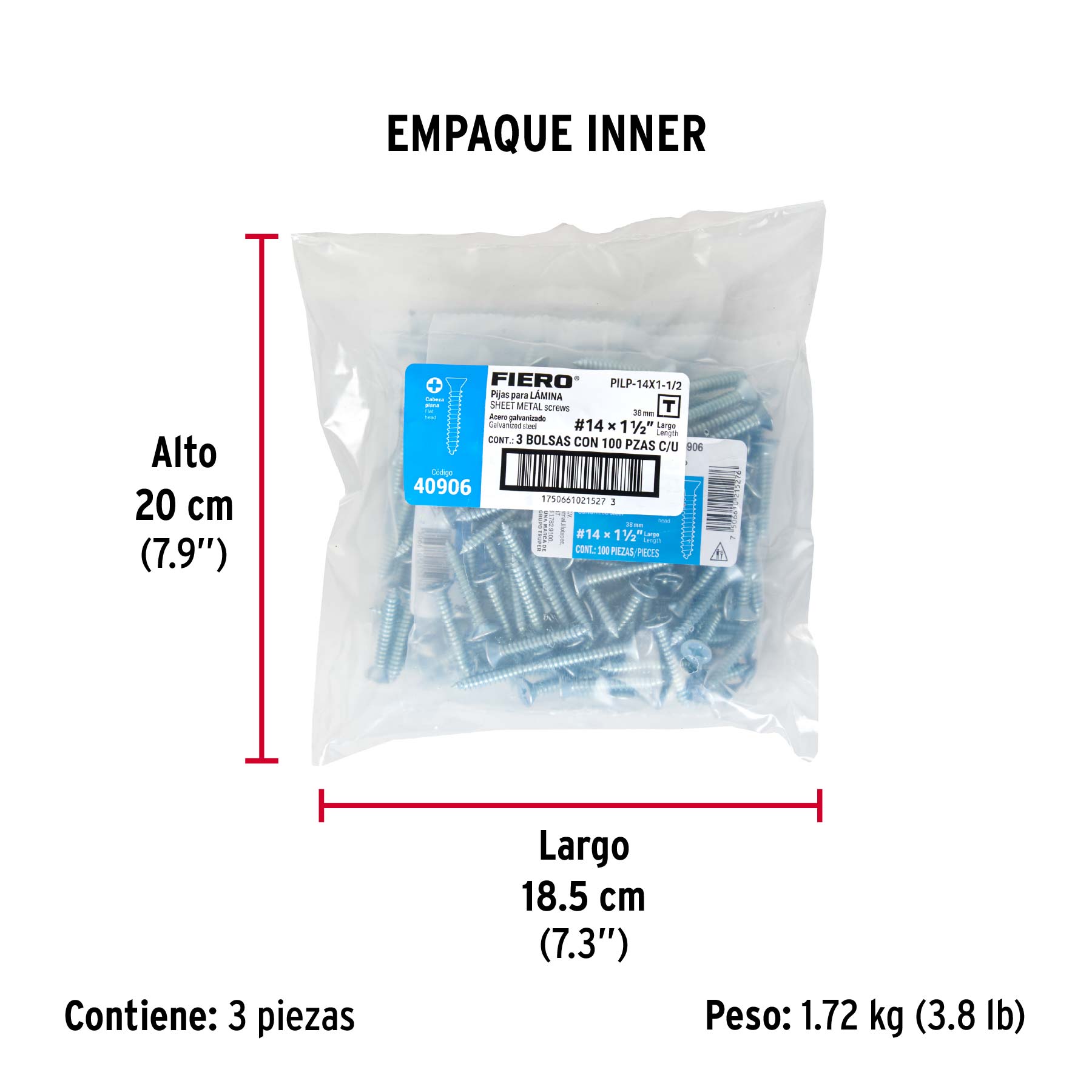 Bolsa 100 pijas para lámina cabeza plana #14 x 1-1/2', FIERO