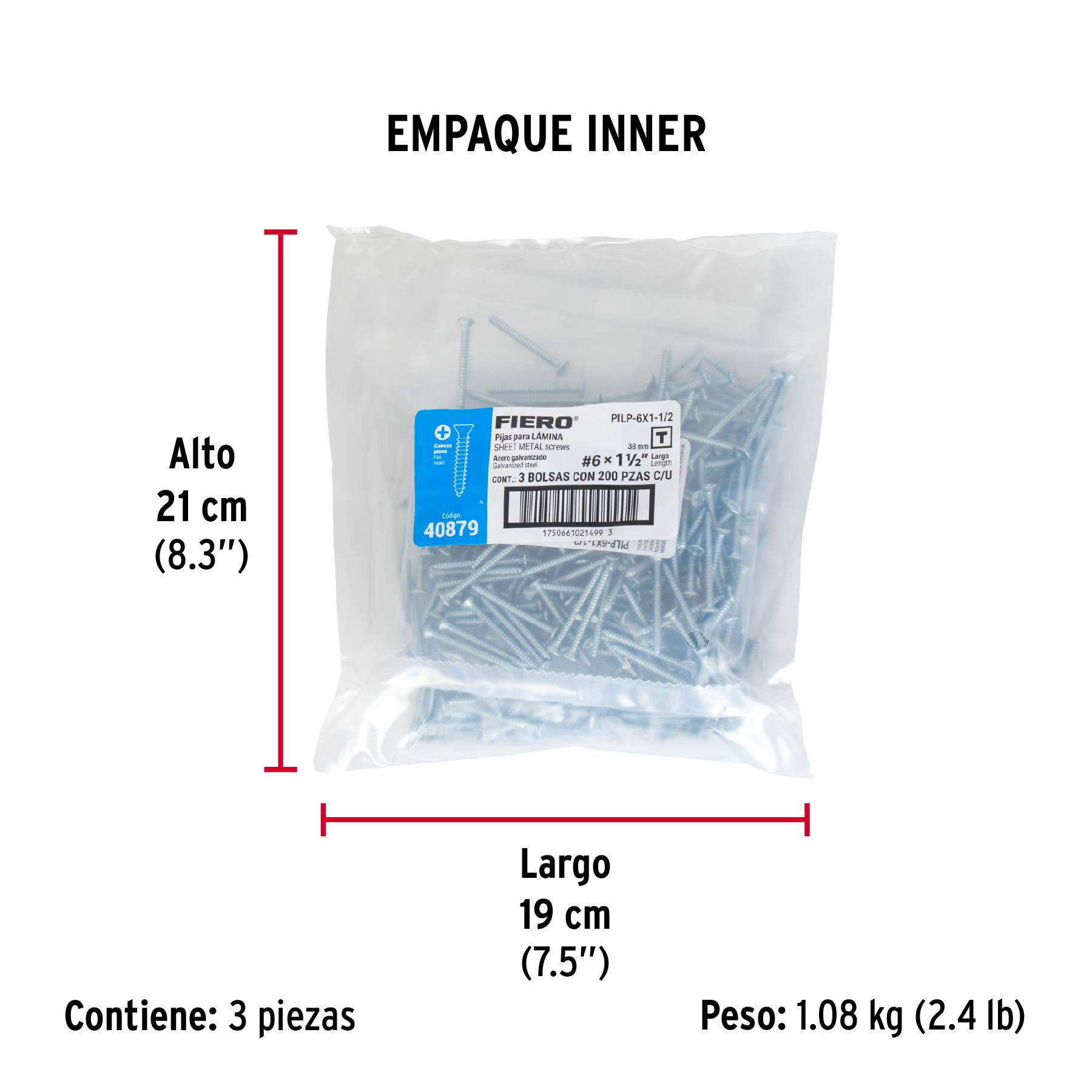 Bolsa 200 pijas para lámina cabeza plana #6 x 1-1/2', FIERO
