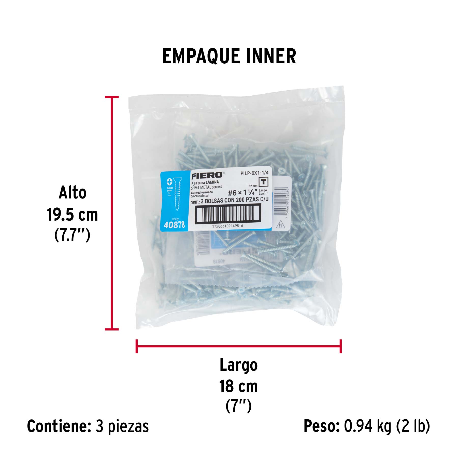 Bolsa 200 pijas para lámina cabeza plana #6 x 1-1/4', FIERO