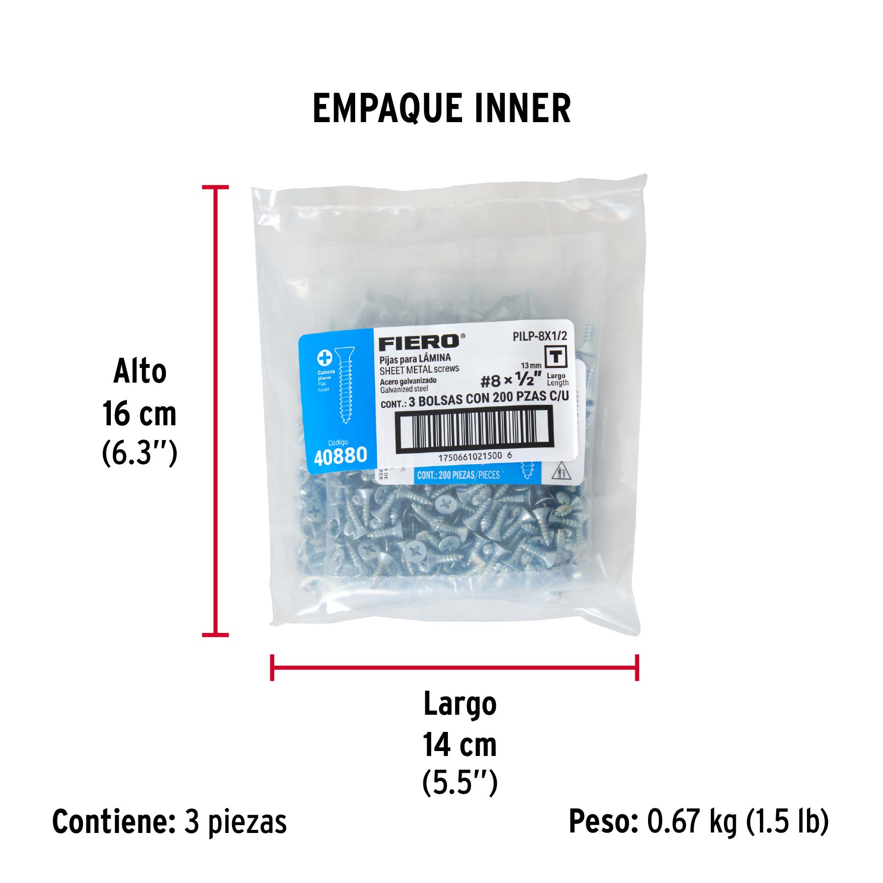 Bolsa 200 pijas para lámina cabeza plana #8 x 1/2', FIERO