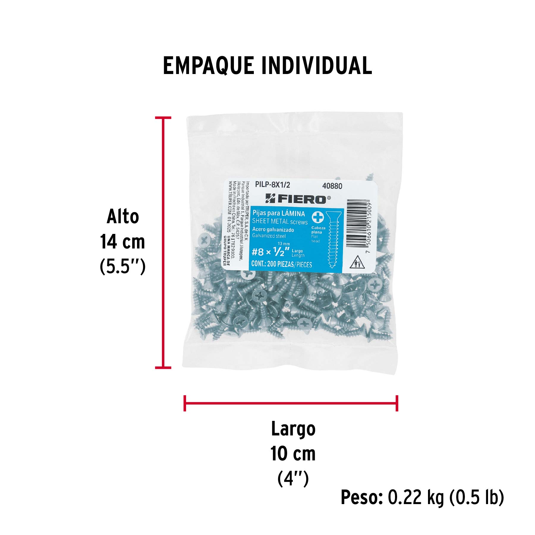 Bolsa 200 pijas para lámina cabeza plana #8 x 1/2', FIERO