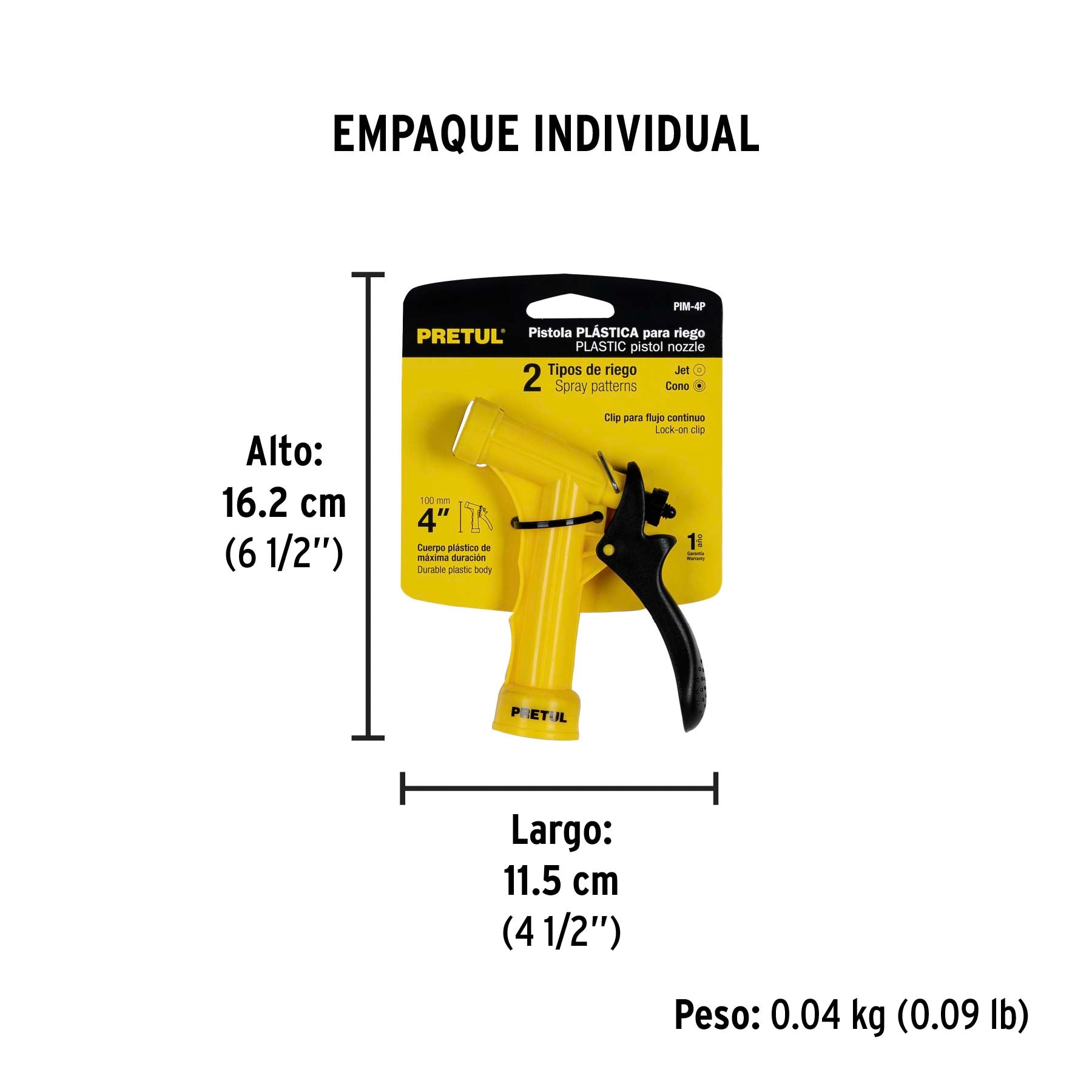 Pistola plástica p/riego, 4", pretul