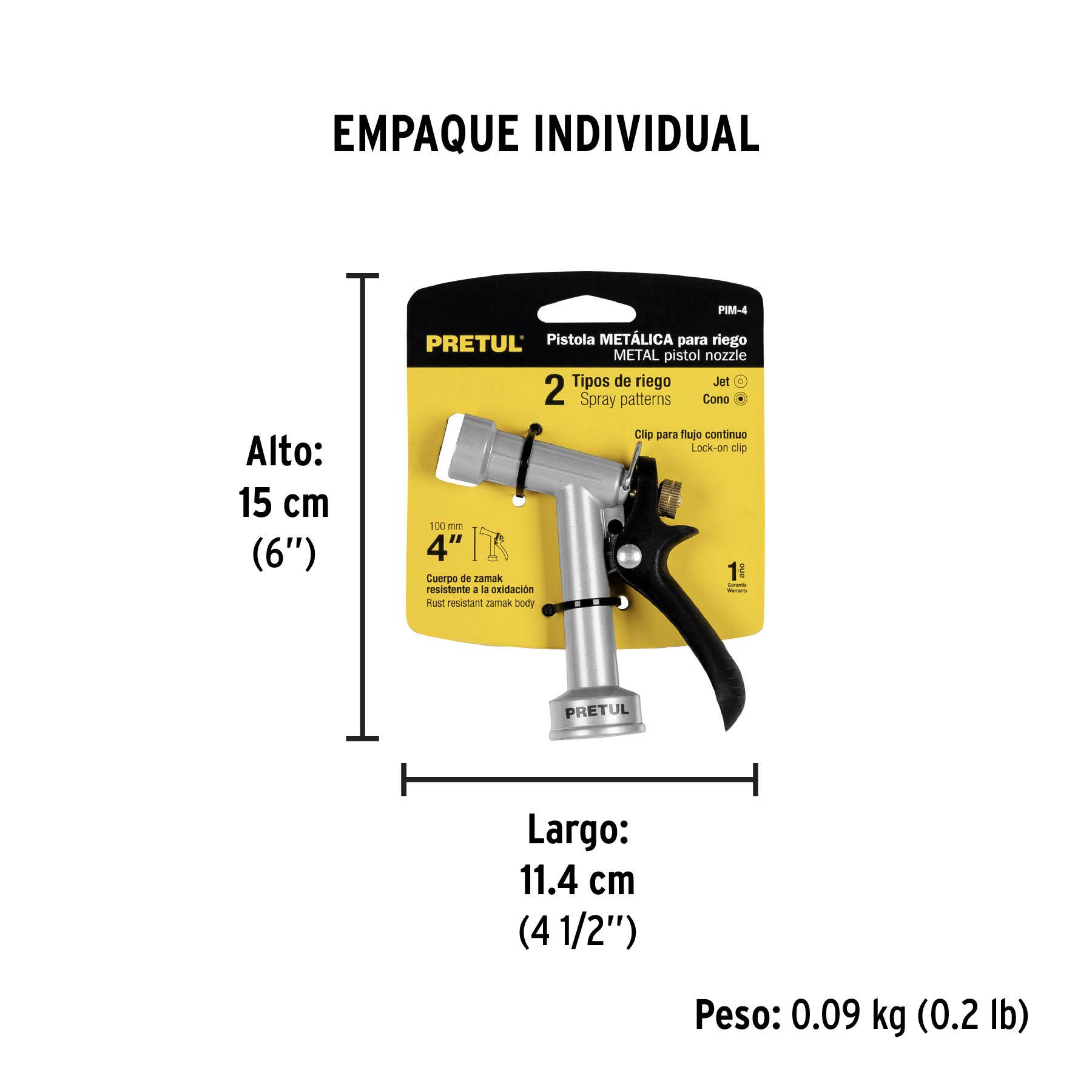 Pistola metálica p/riego, 4", pretul