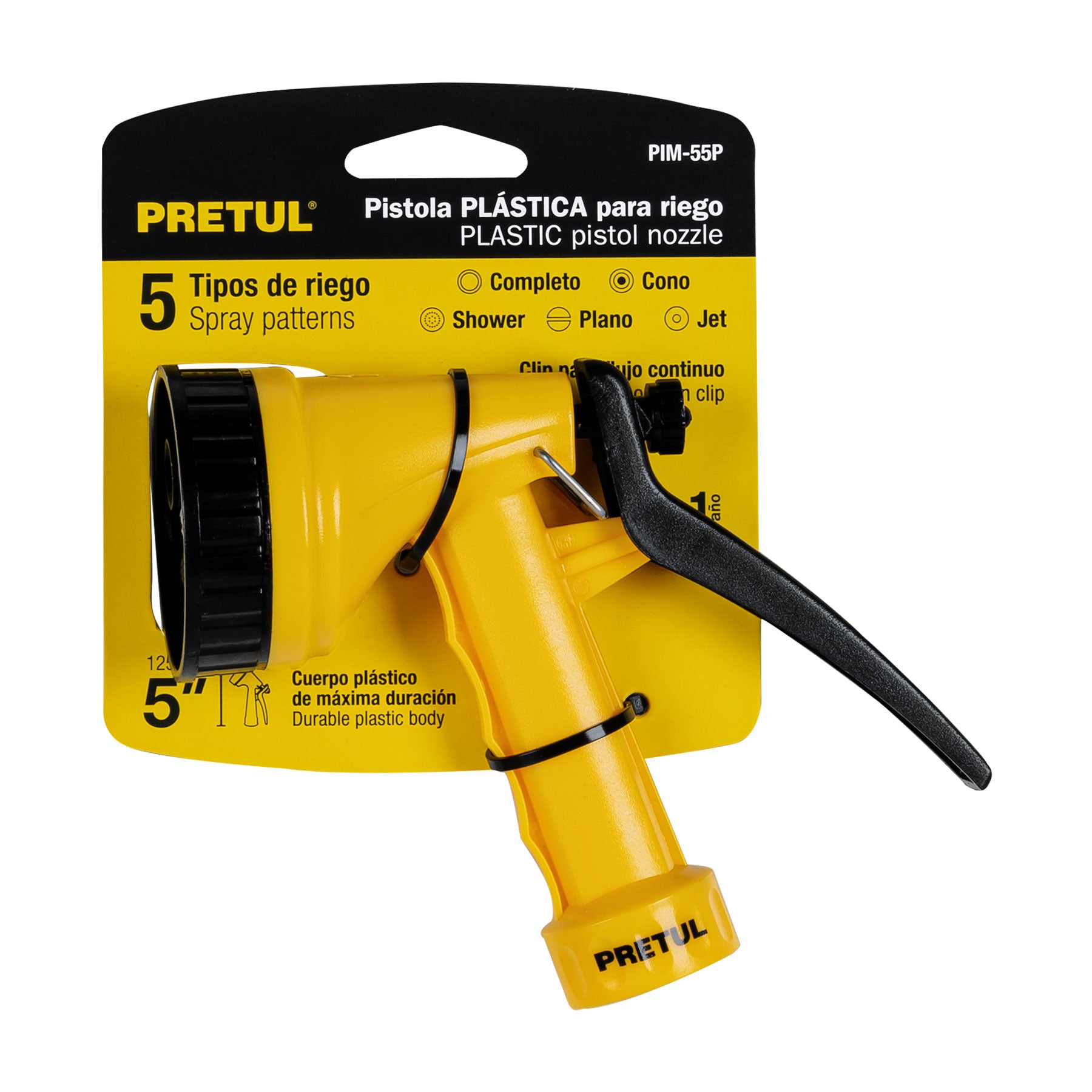 Pistola plástica p/riego, 5 funciones, pretul