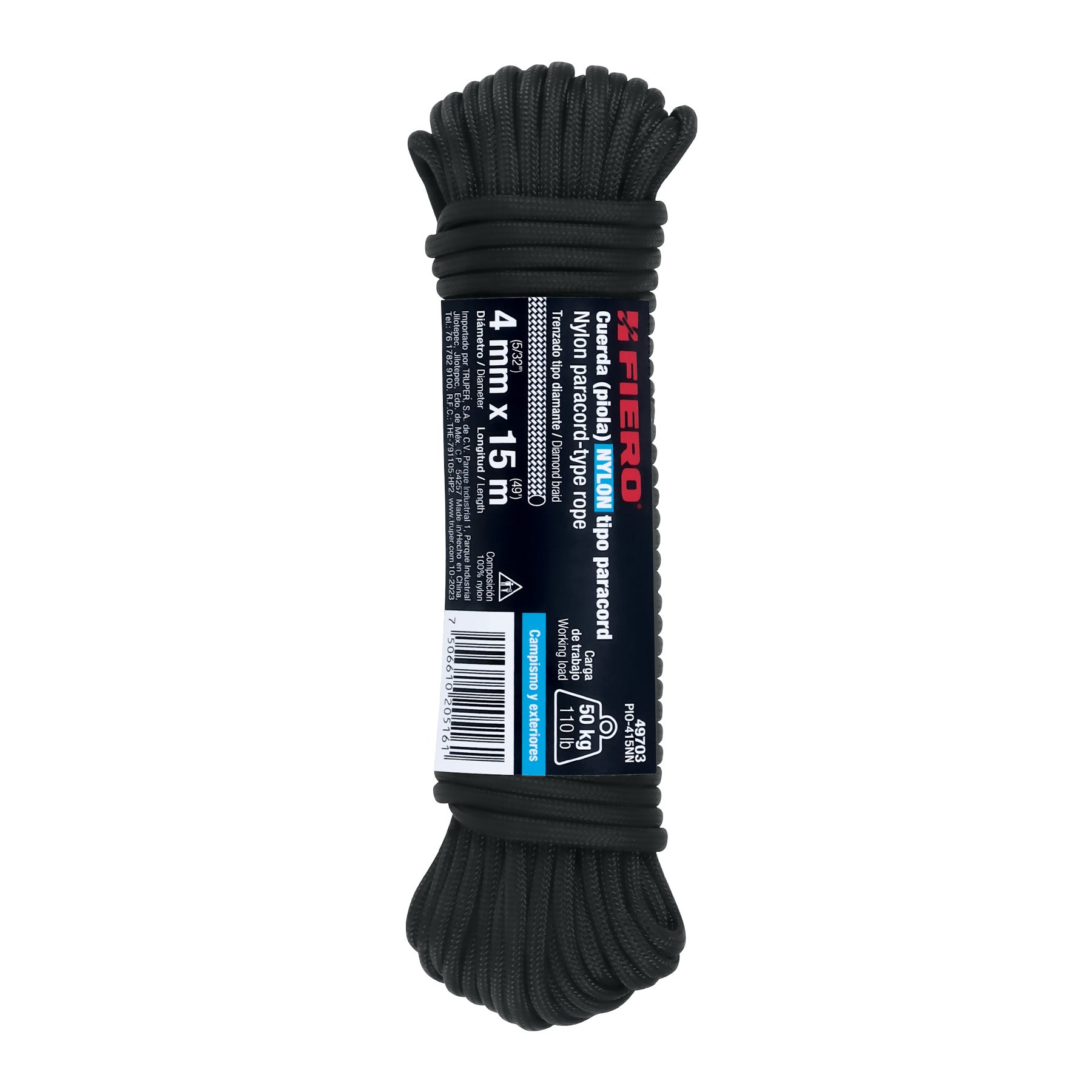 Piola de Nylon Paracord de 4mm x 15 m, negro, Fiero