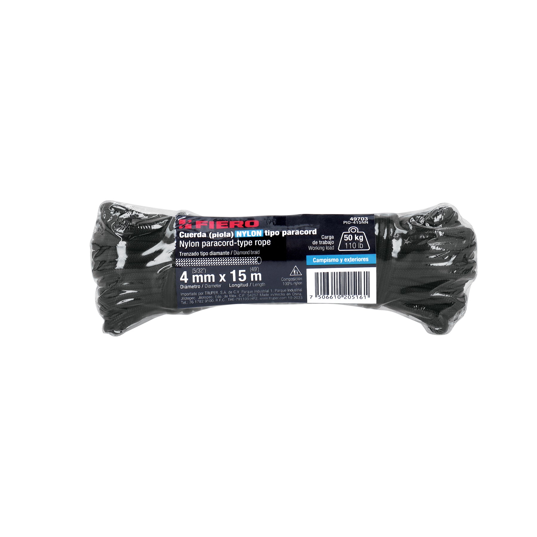 Piola de Nylon Paracord de 4mm x 15 m, negro, Fiero