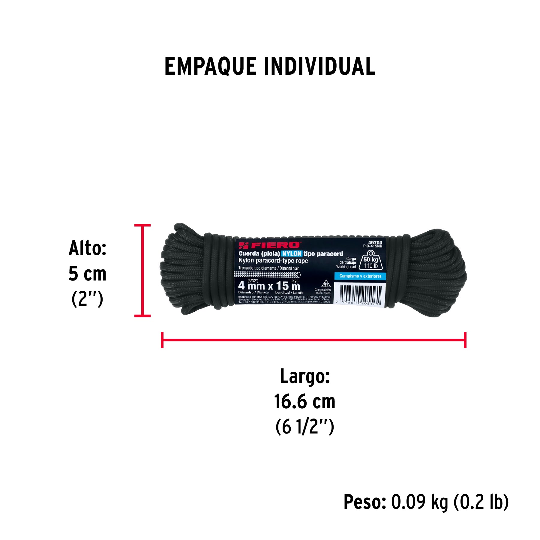 Piola de Nylon Paracord de 4mm x 15 m, negro, Fiero