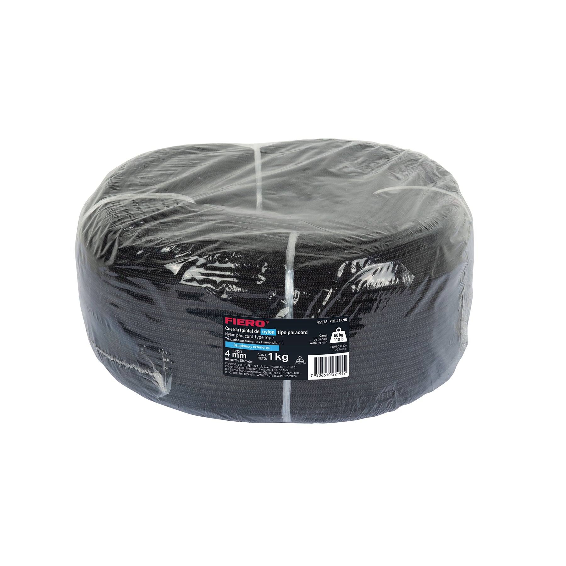 Piola de nylon paracord de 4mm, rollo, negro, 1kg, FIERO