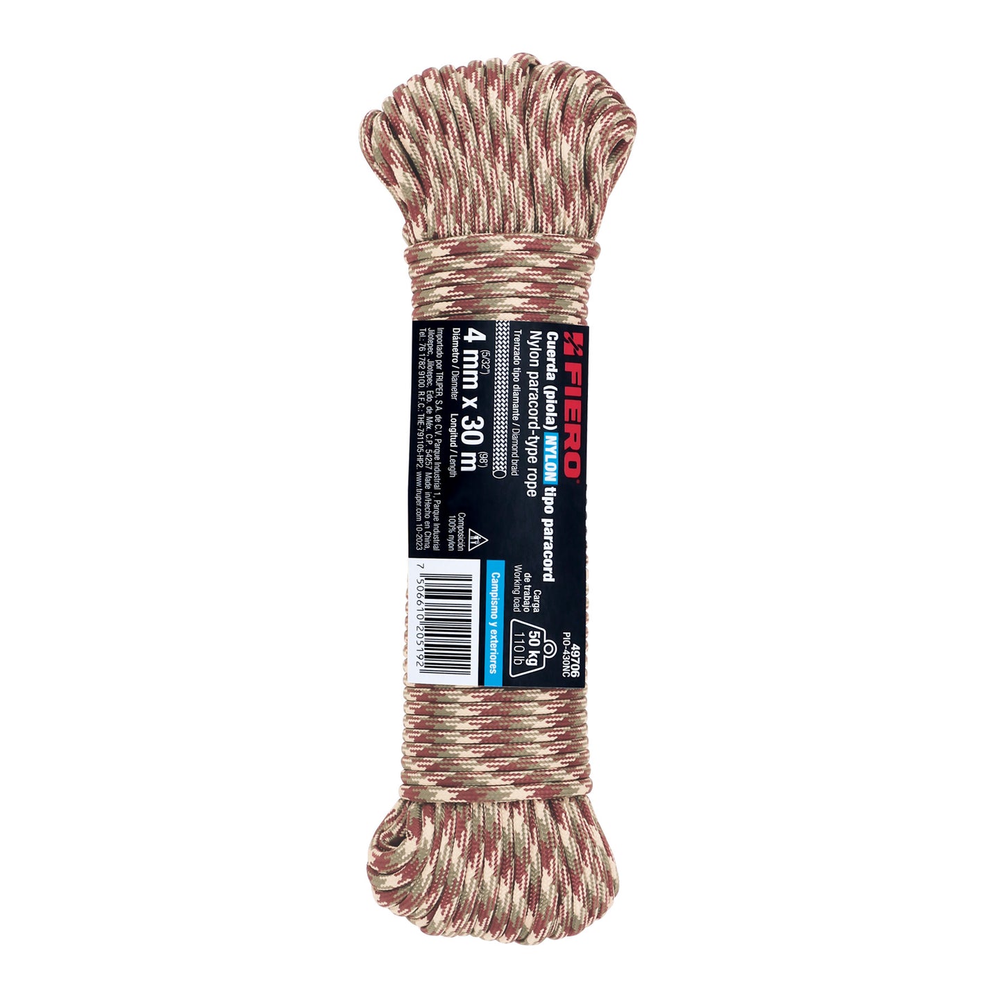 Piola de Nylon Paracord de 4mm x 30 m, camo, Fiero