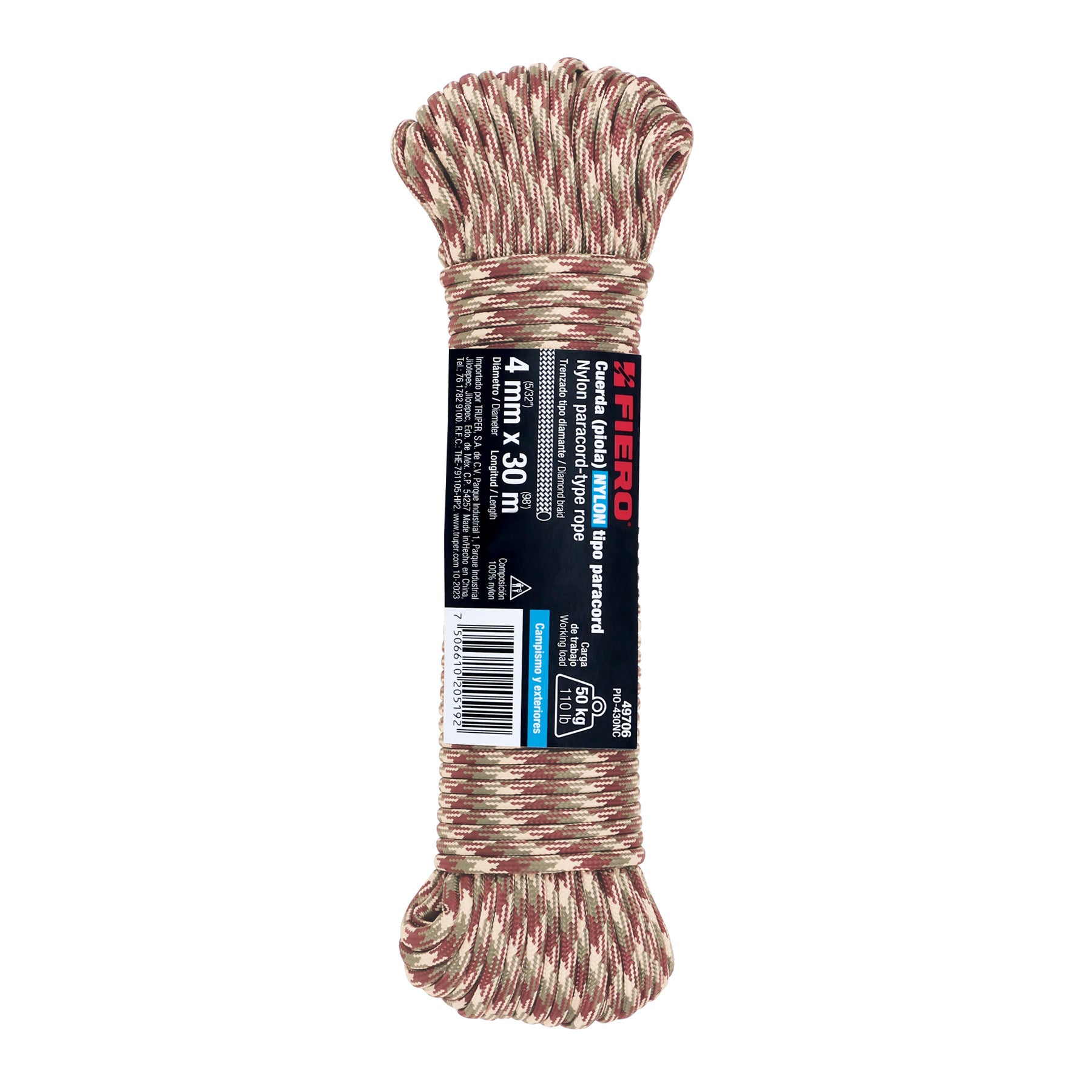 Piola de Nylon Paracord de 4mm x 30 m, camo, Fiero