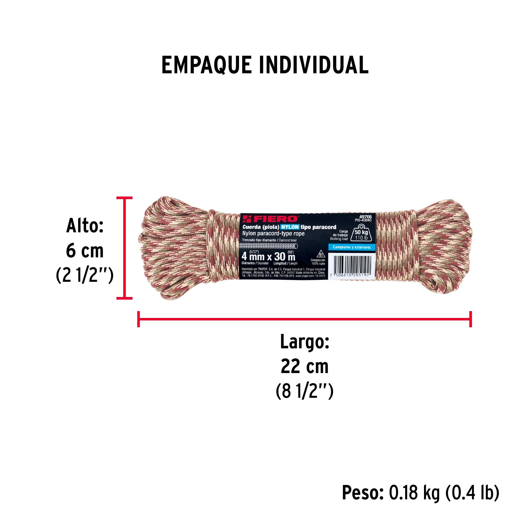 Piola de Nylon Paracord de 4mm x 30 m, camo, Fiero