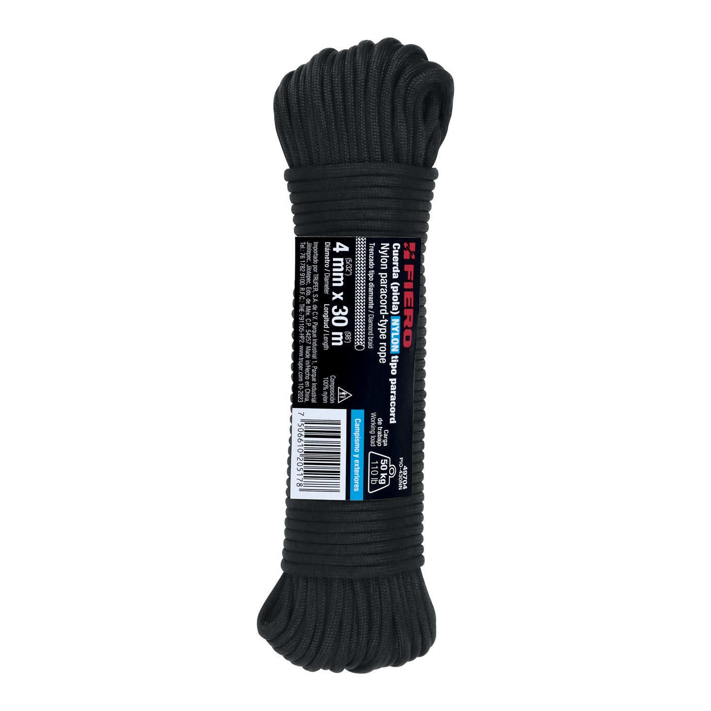 Piola de Nylon Paracord de 4mm x 30 m, negro, Fiero