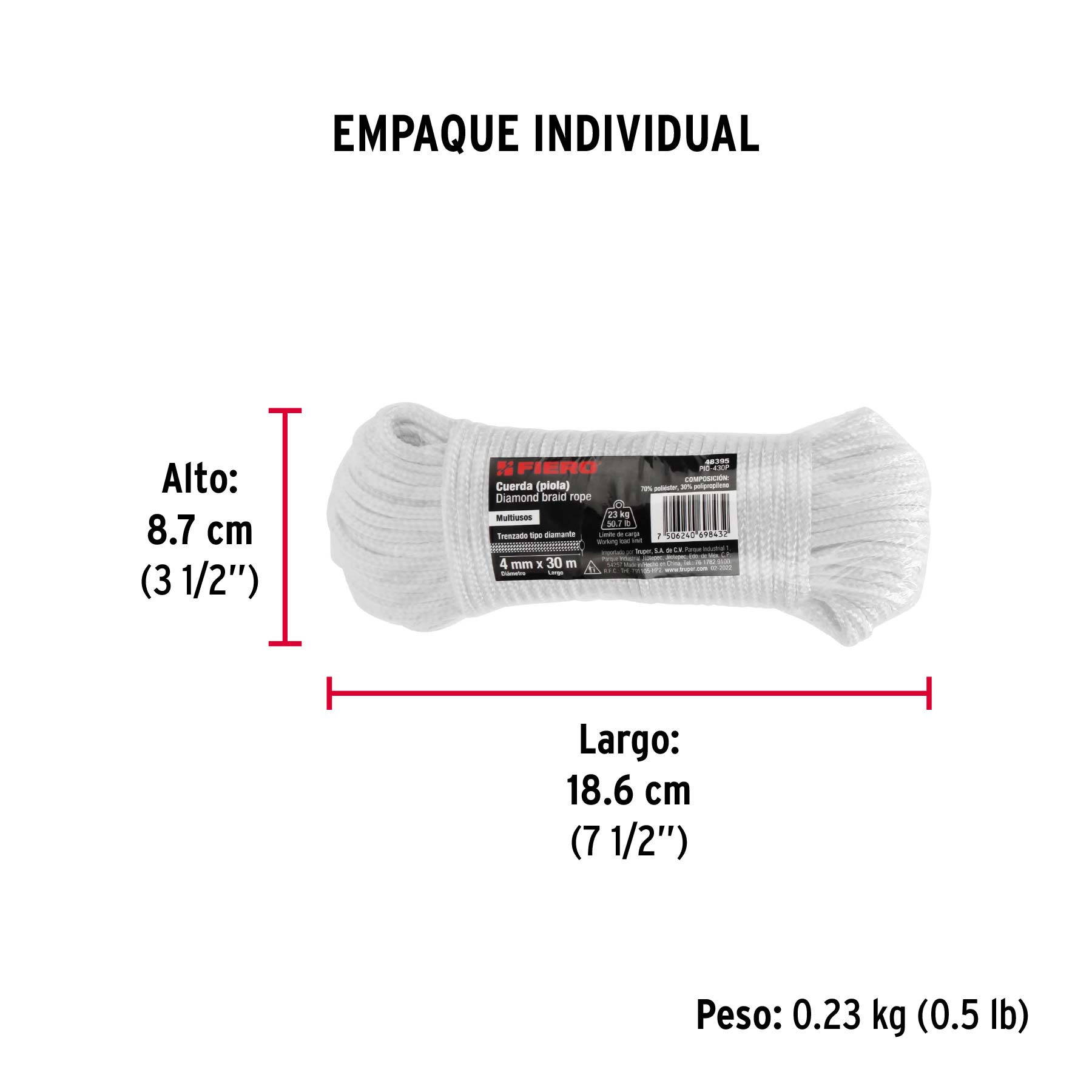 Piola de poliéster diamante de 4 mm x 30 m blanca, Fiero