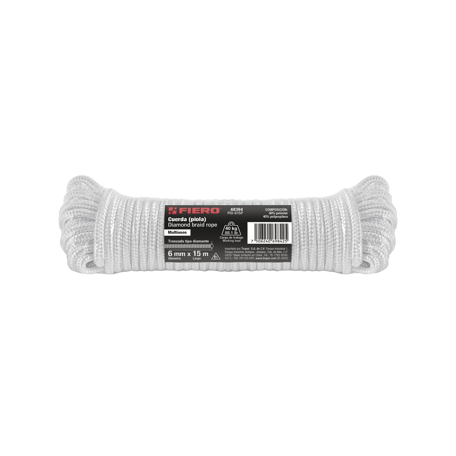 Piola de poliéster diamante de 6 mm x 15 m blanca, Fiero