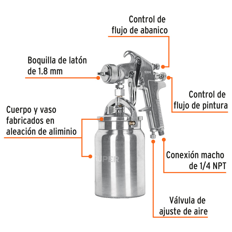 Pistola p/pintar succión HVHP, vaso alum, 1.8mm, 3 perillas
