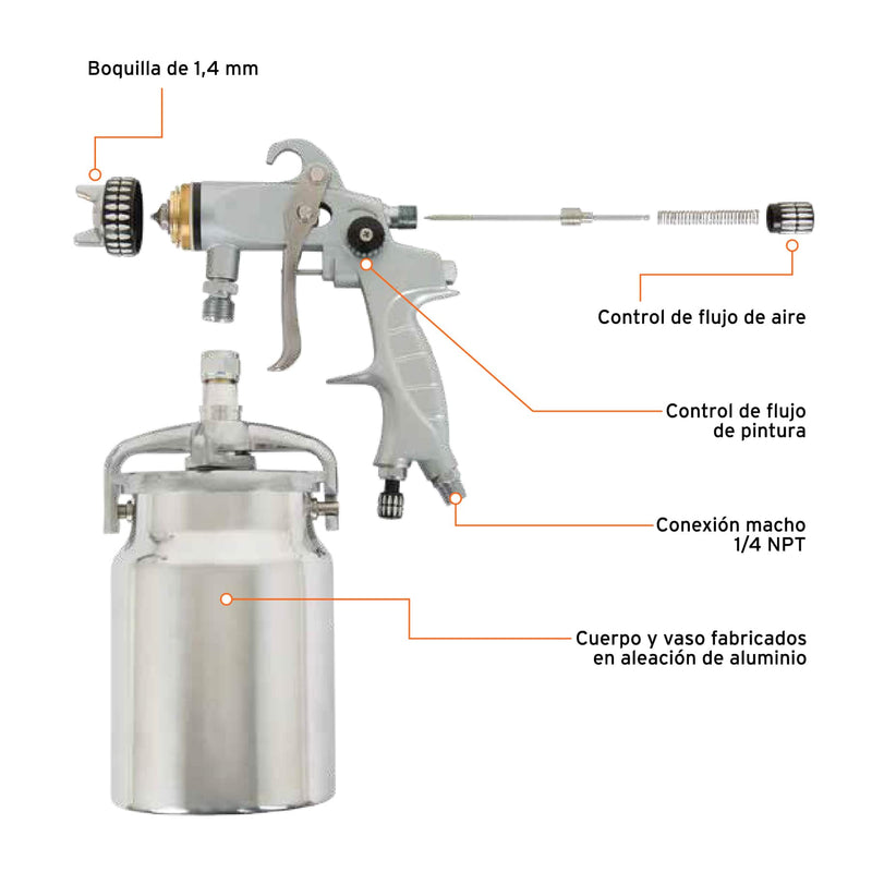 Pistola p/pintar succión HVLP,vaso alum,1.4 mm,Truper Expert