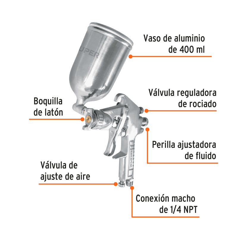 Pistola p/pintar gravedad LVMP,vaso aluminio, boquilla 1.4mm
