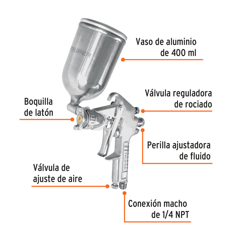 Pistola p/pintar gravedad LVMP,vaso aluminio, boquilla 1.7mm