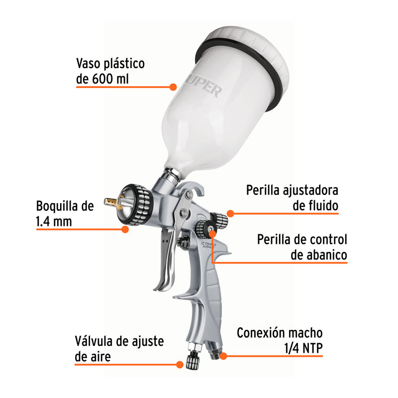 Pistola p/pintar gravedad HVLP,vaso plástico, 1.4 mm, Expert