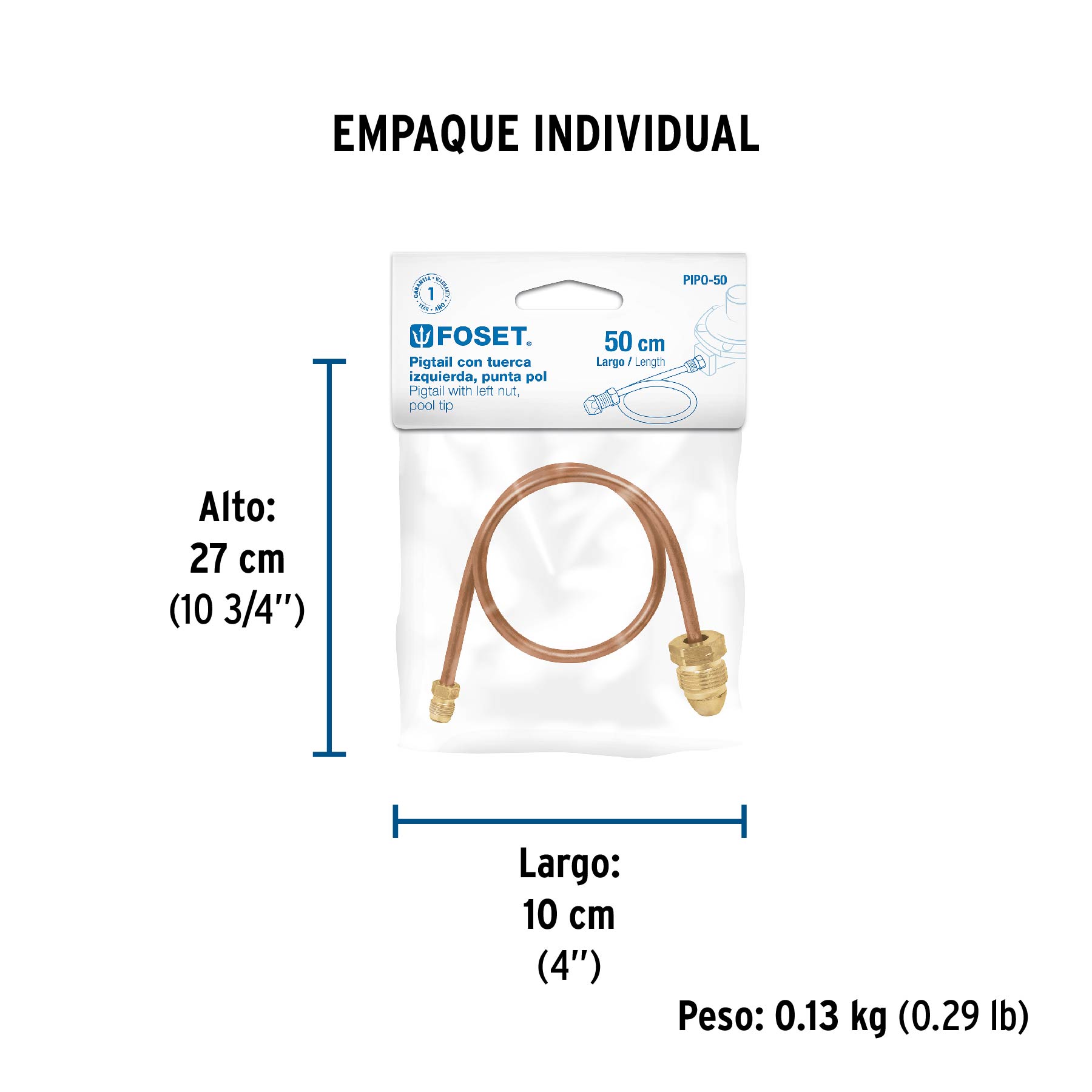 Pigtail con tuerca izquierda, punta pool, 50 cm