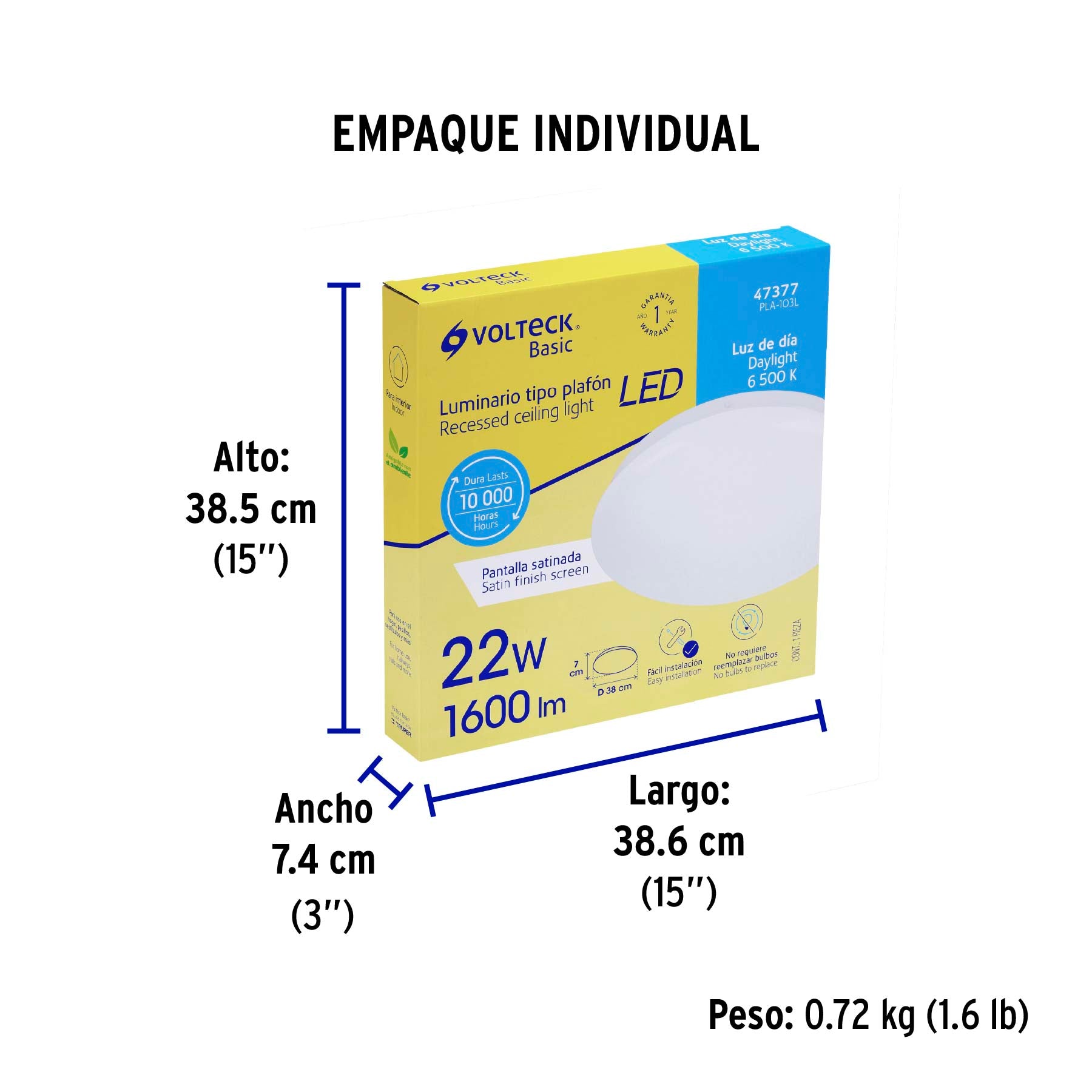 Luminario de LED de sobreponer tipo plafón, 22W, 1,600 lm