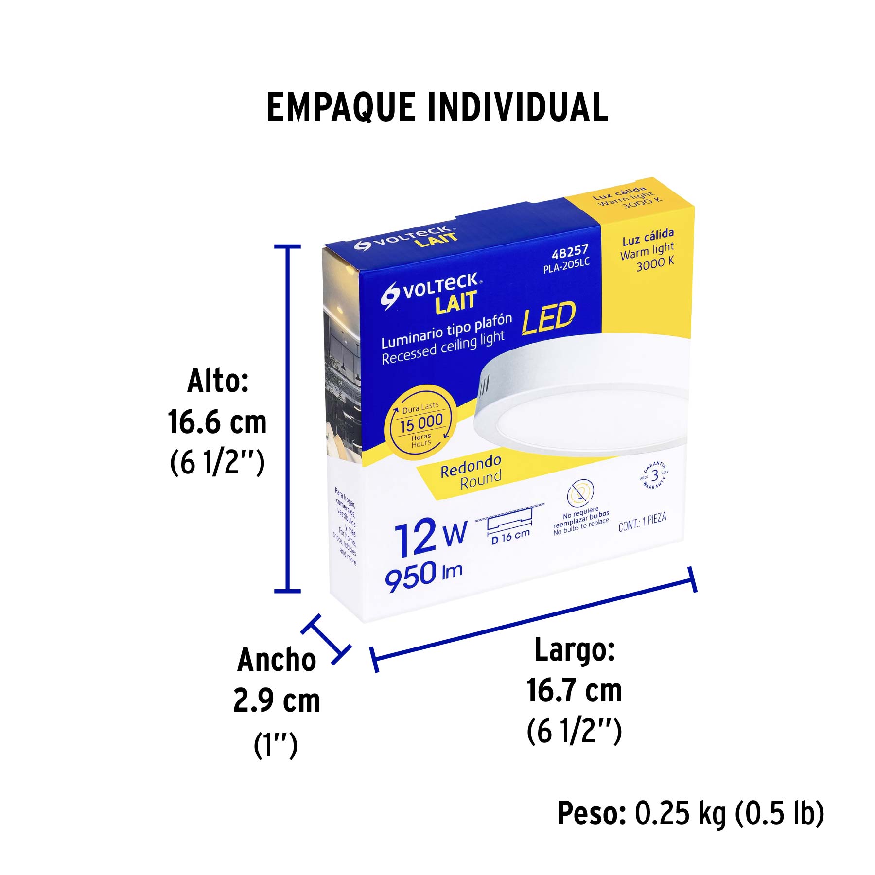 Luminario blanco de LED 12 W redondo tipo plafón luz cálida