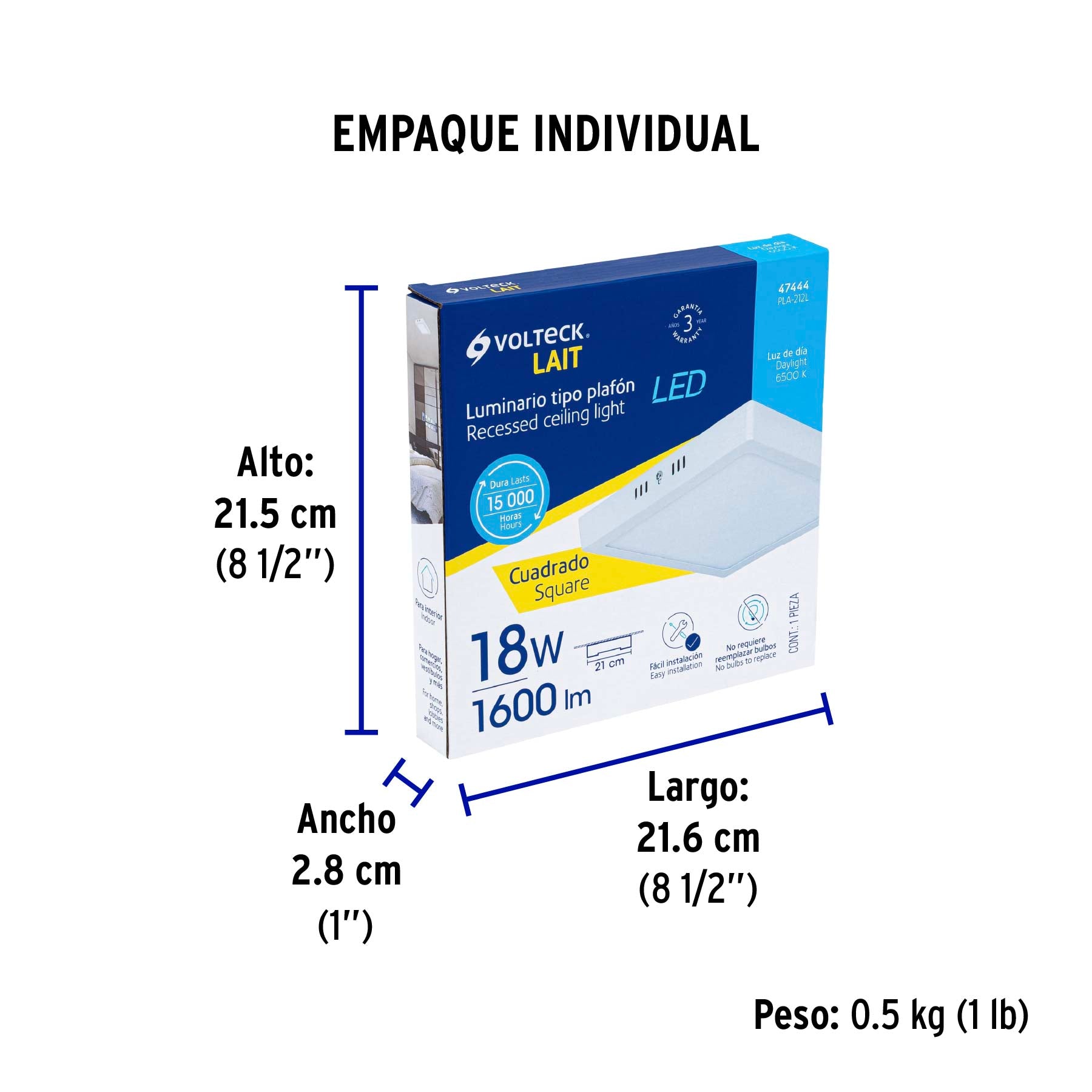 Plafón cuadrado, moderno, 18 W, 6500 K, LED, blanco