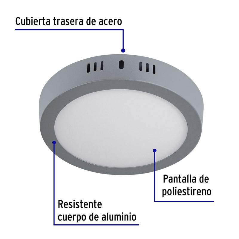 Plafón redondo, moderno, 18 W, 6500K, LED, acabado gris