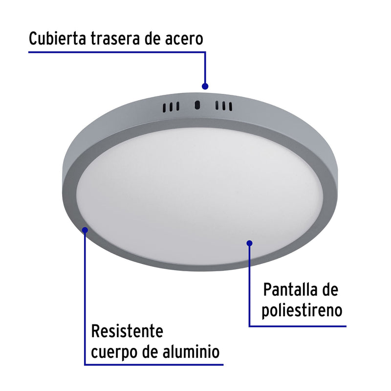 Plafón redondo, moderno, 24 W, 6500K, LED, acabado gris
