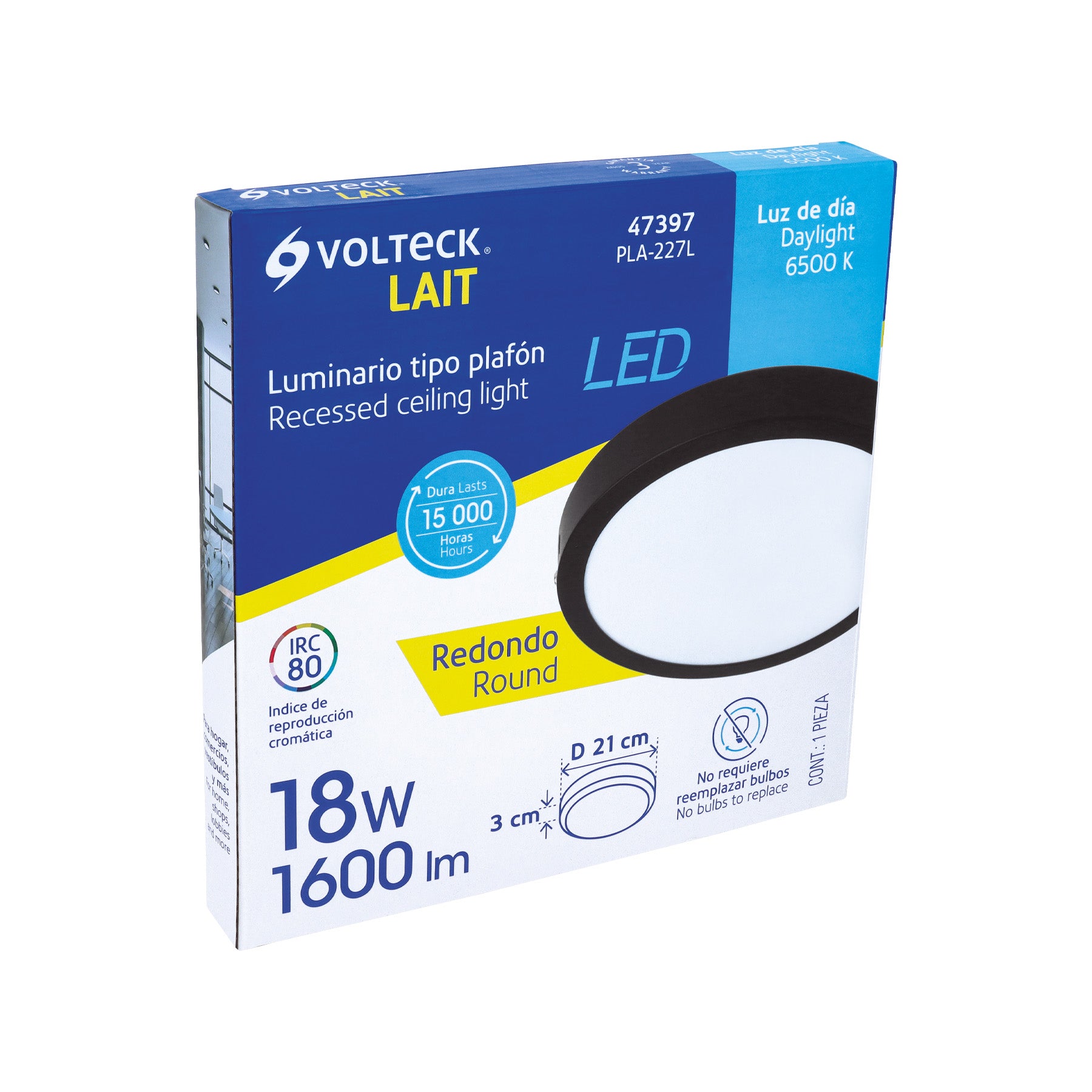 Luminario de LED 18 W redondo tipo plafón luz de día, negro
