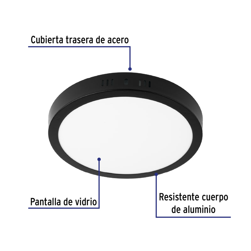 Luminario de LED 18 W redondo tipo plafón luz de día, negro