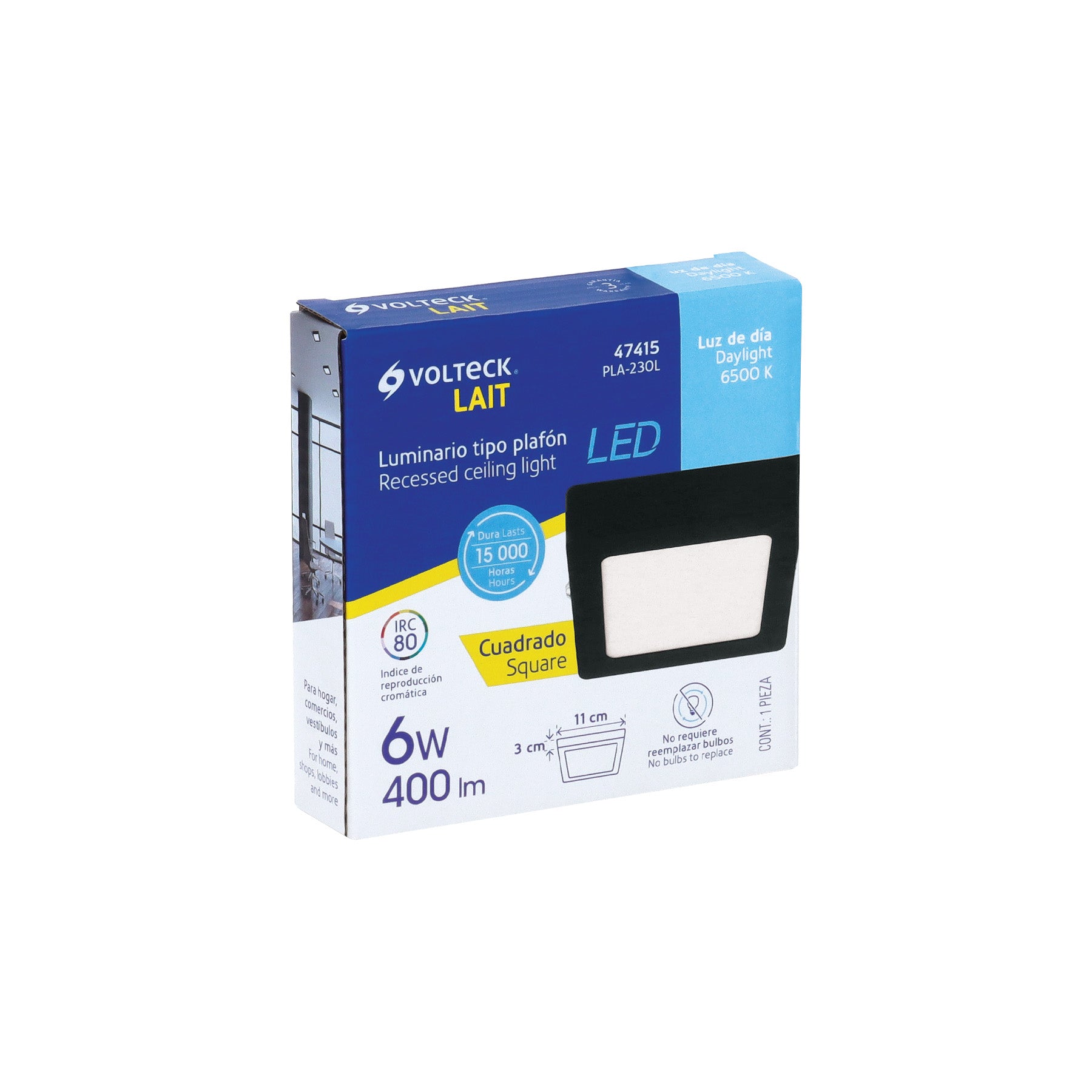 Luminario de LED 6 W cuadrado tipo plafón luz de día, negro