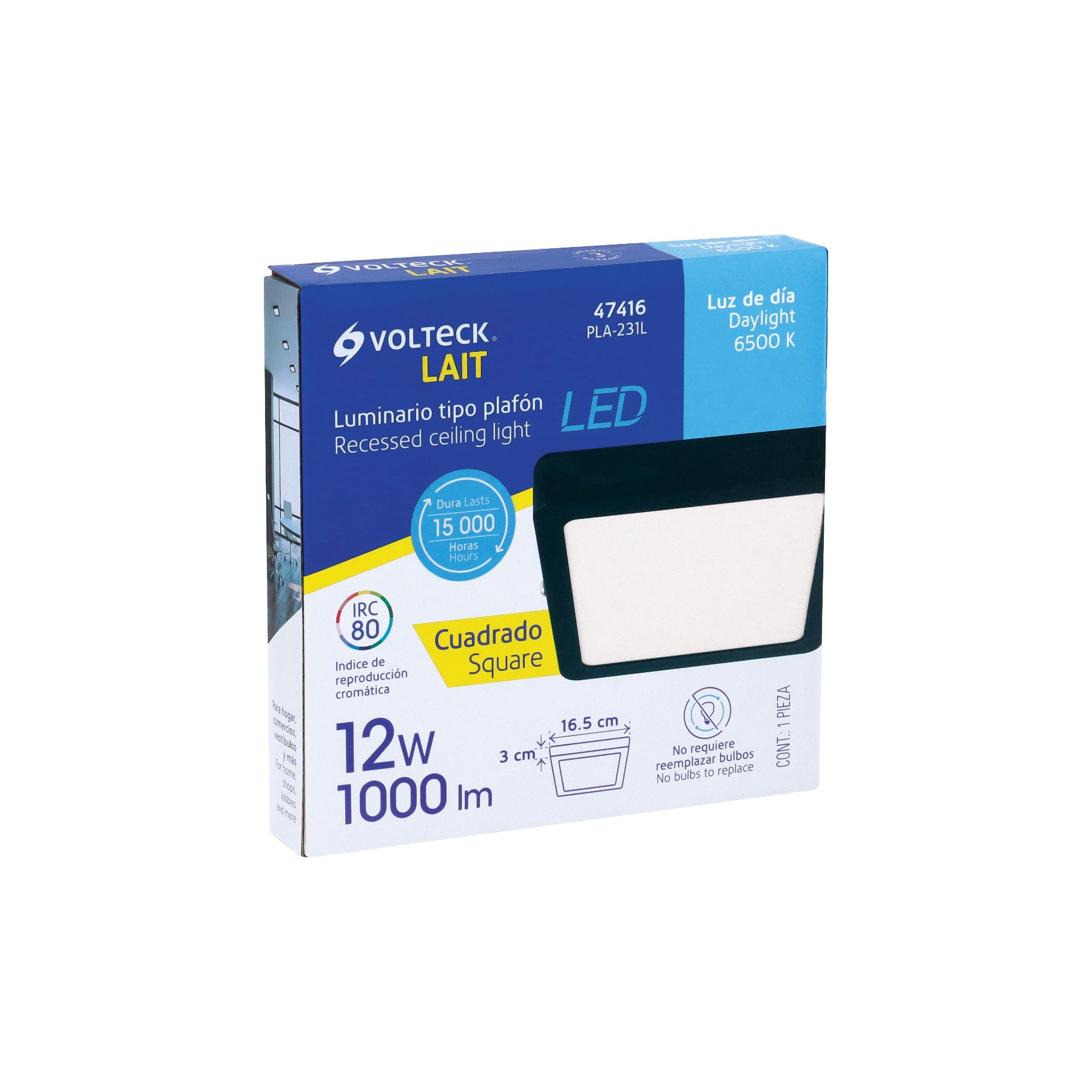 Luminario de LED 12 W cuadrado tipo plafón luz de día, negro