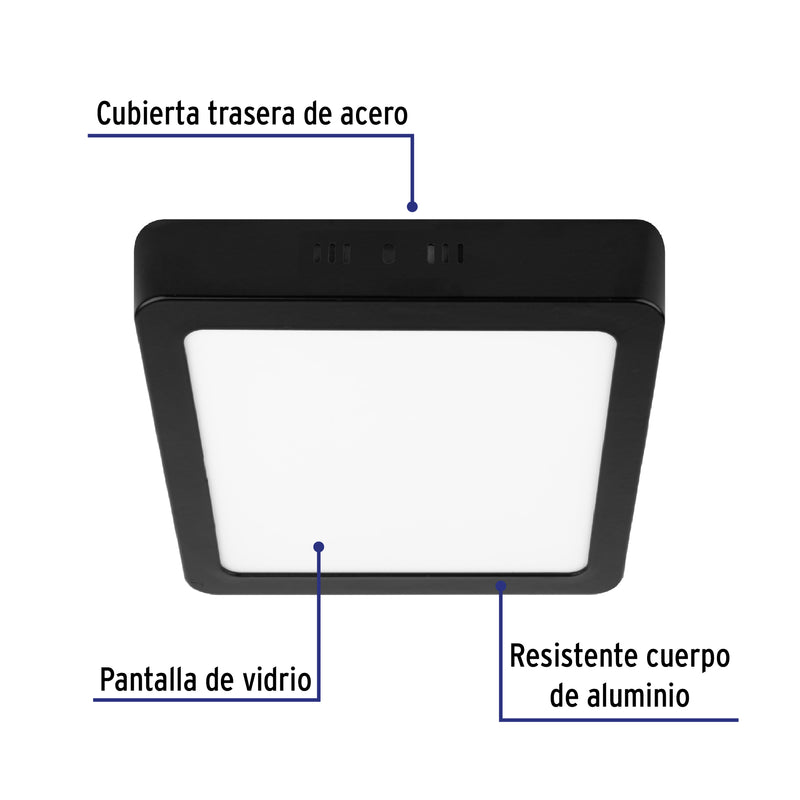 Luminario de LED 12 W cuadrado tipo plafón luz de día, negro