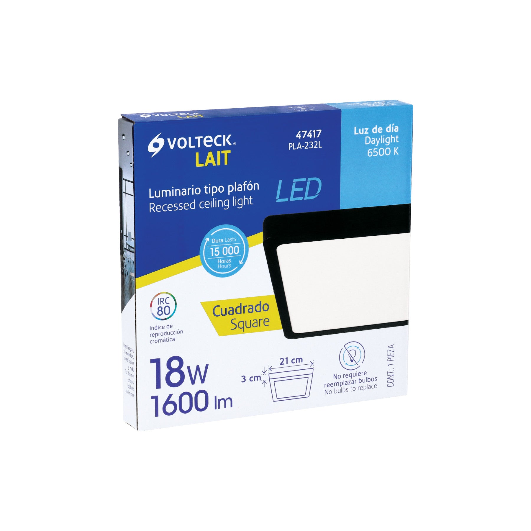 Luminario de LED 18 W cuadrado tipo plafón luz de día, negro