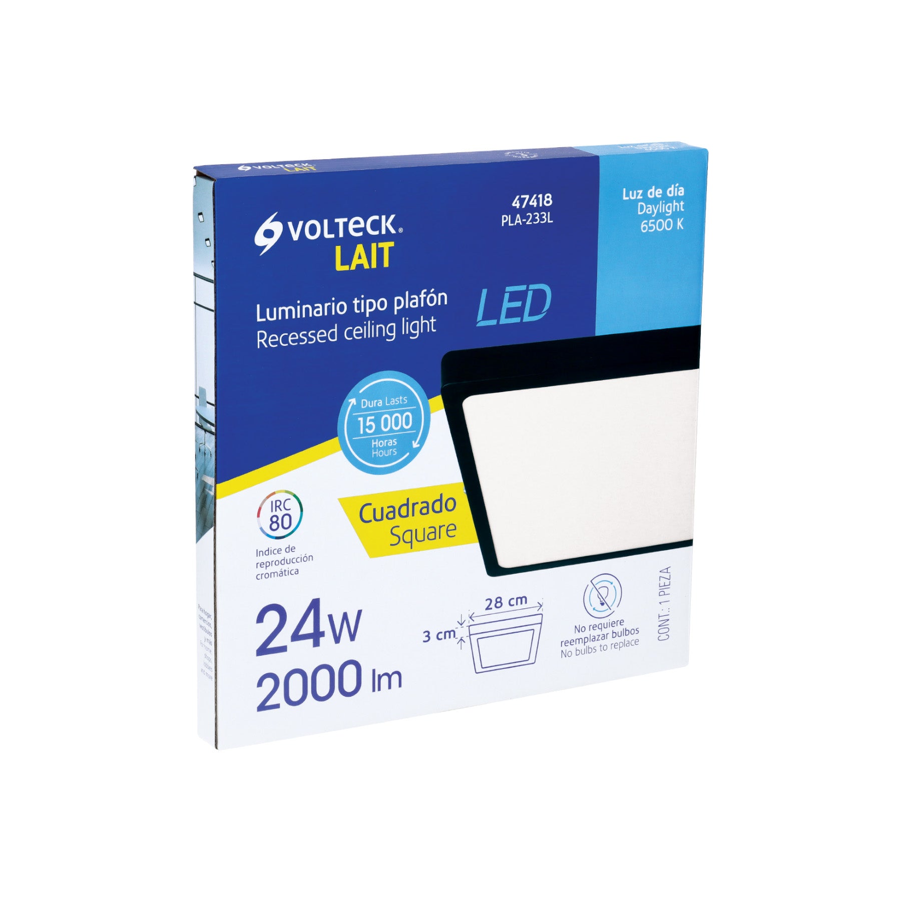 Luminario de LED 24 W cuadrado tipo plafón luz de día, negro