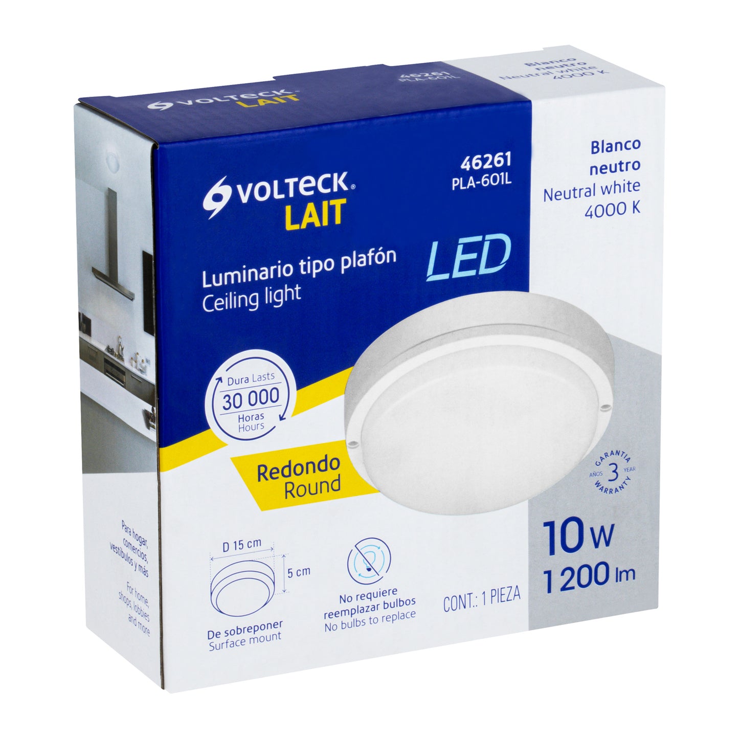 Plafón redondo, 10W, 6500K, IP54, LED