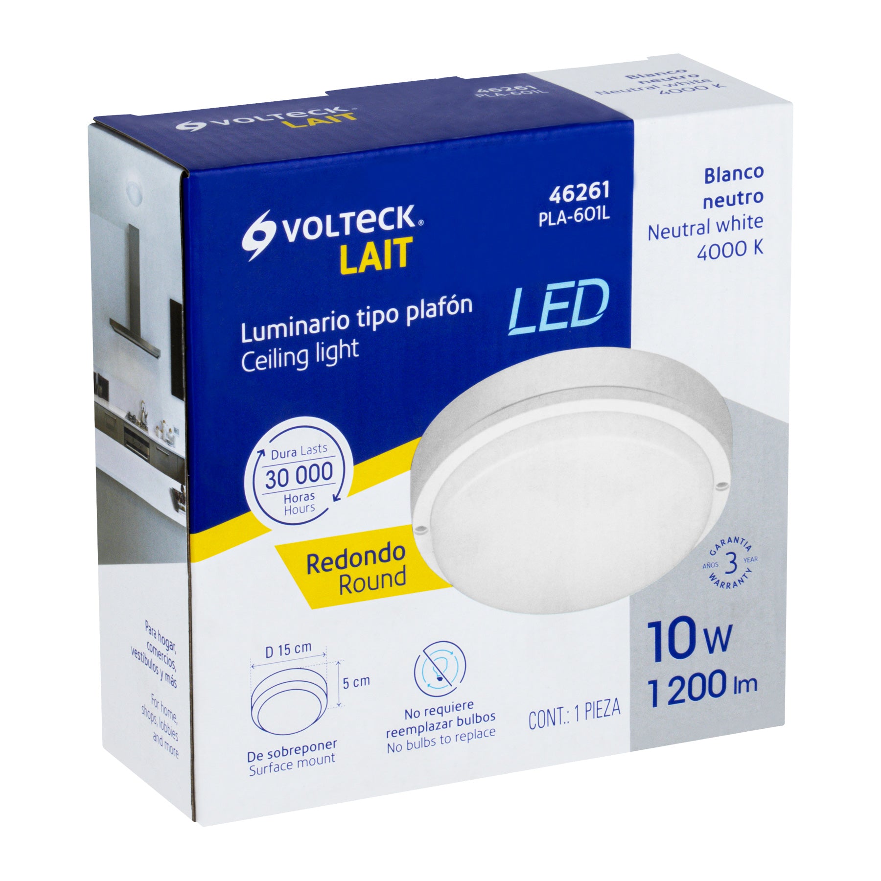 Plafón redondo, 10W, 6500K, IP54, LED