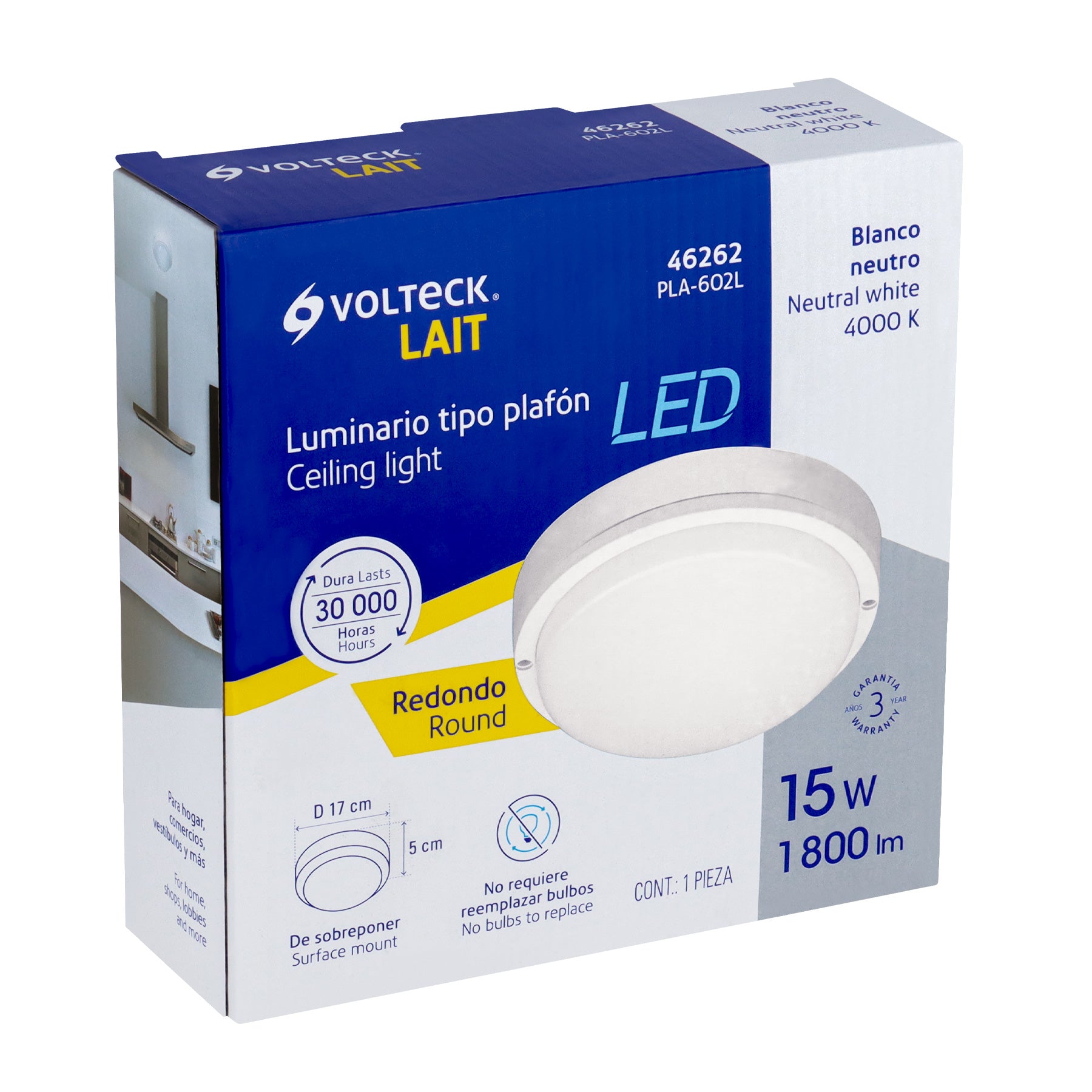 Plafón redondo, 15W, 6500K, IP54, LED