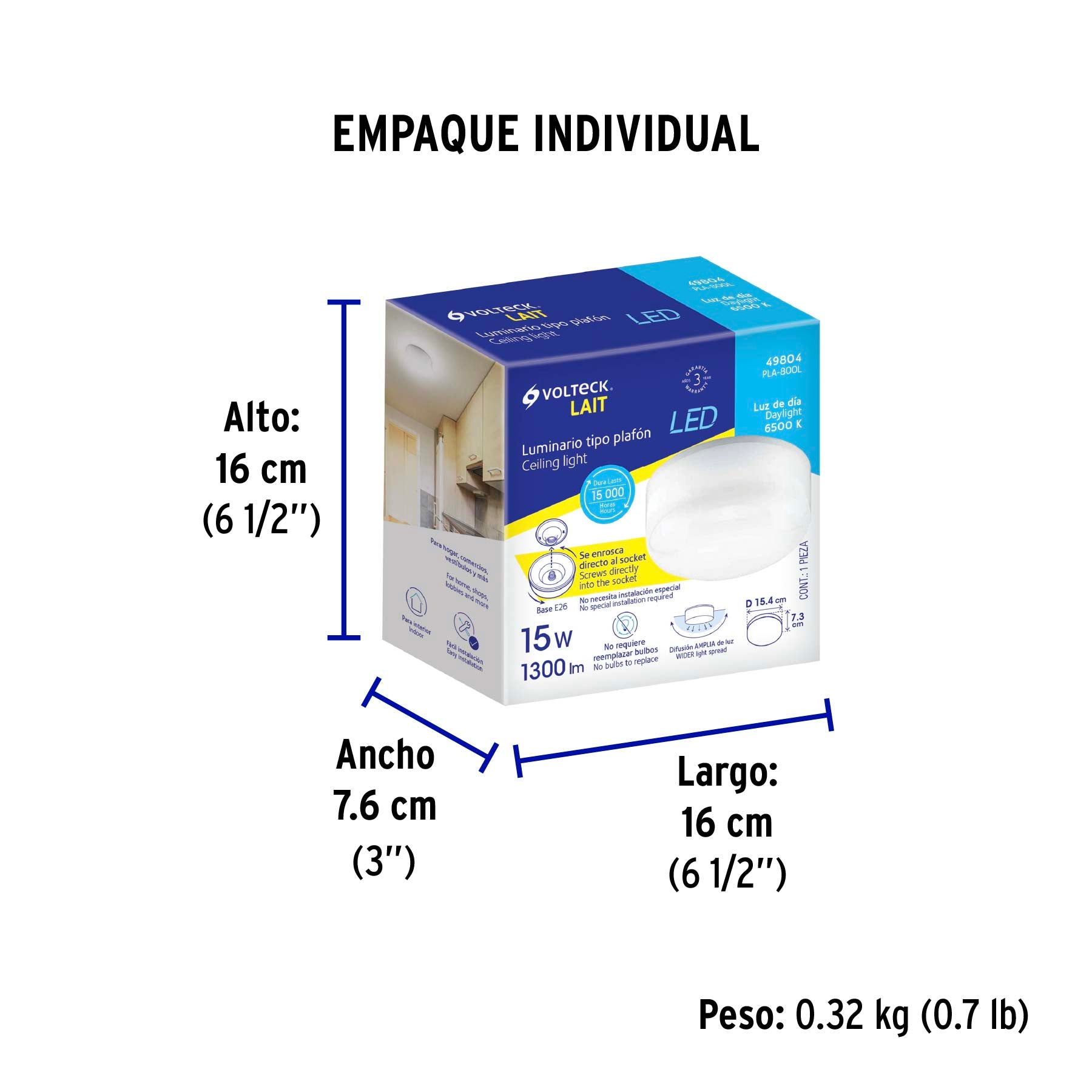 Luminario de LED 15 W tipo plafón, base E26, luz de día