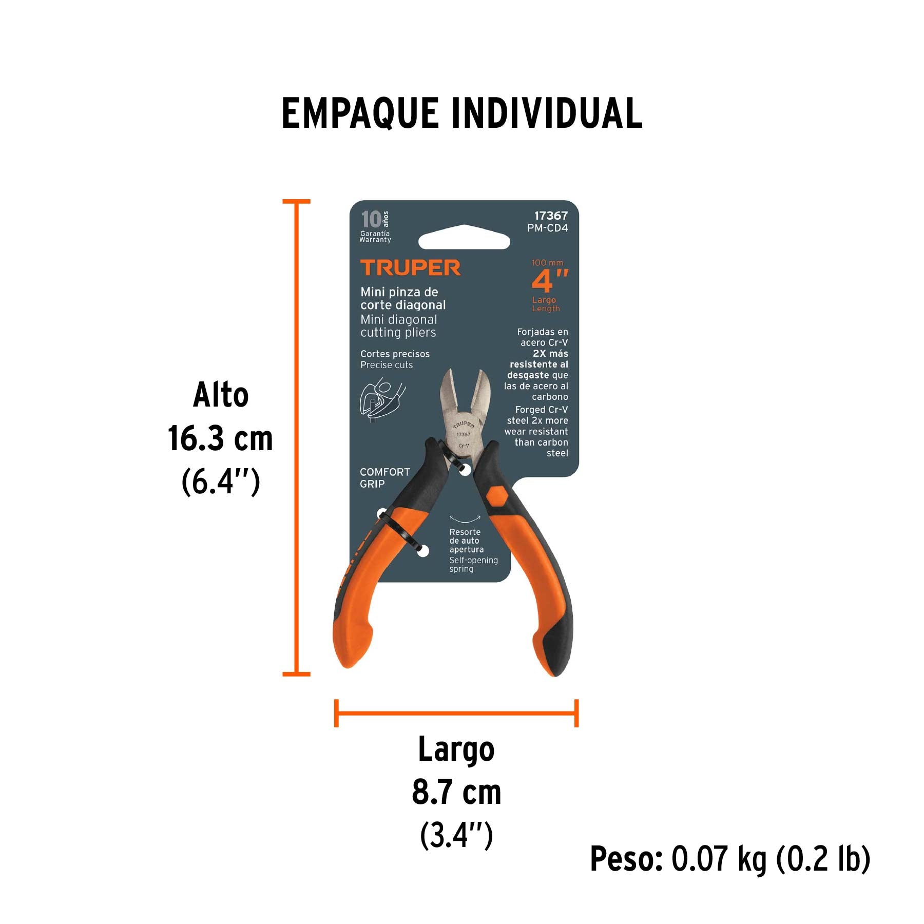 Pinza miniatura corte diagonal 4", mango comfort grip