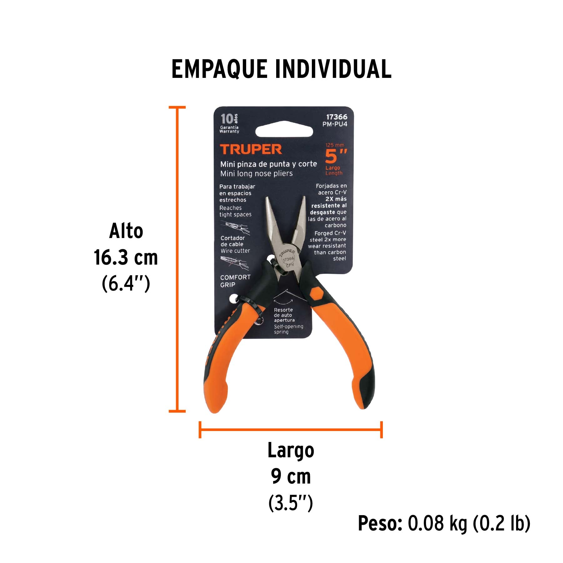 Pinza de punta y corte 5", mango comfort grip