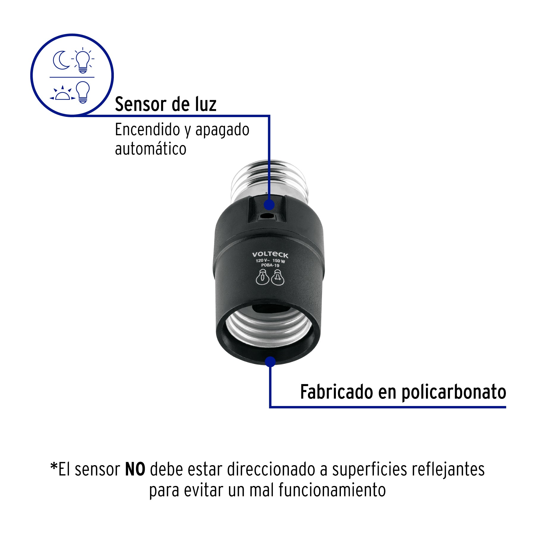 Portalámpara de PVC, con sensor de luz, Volteck