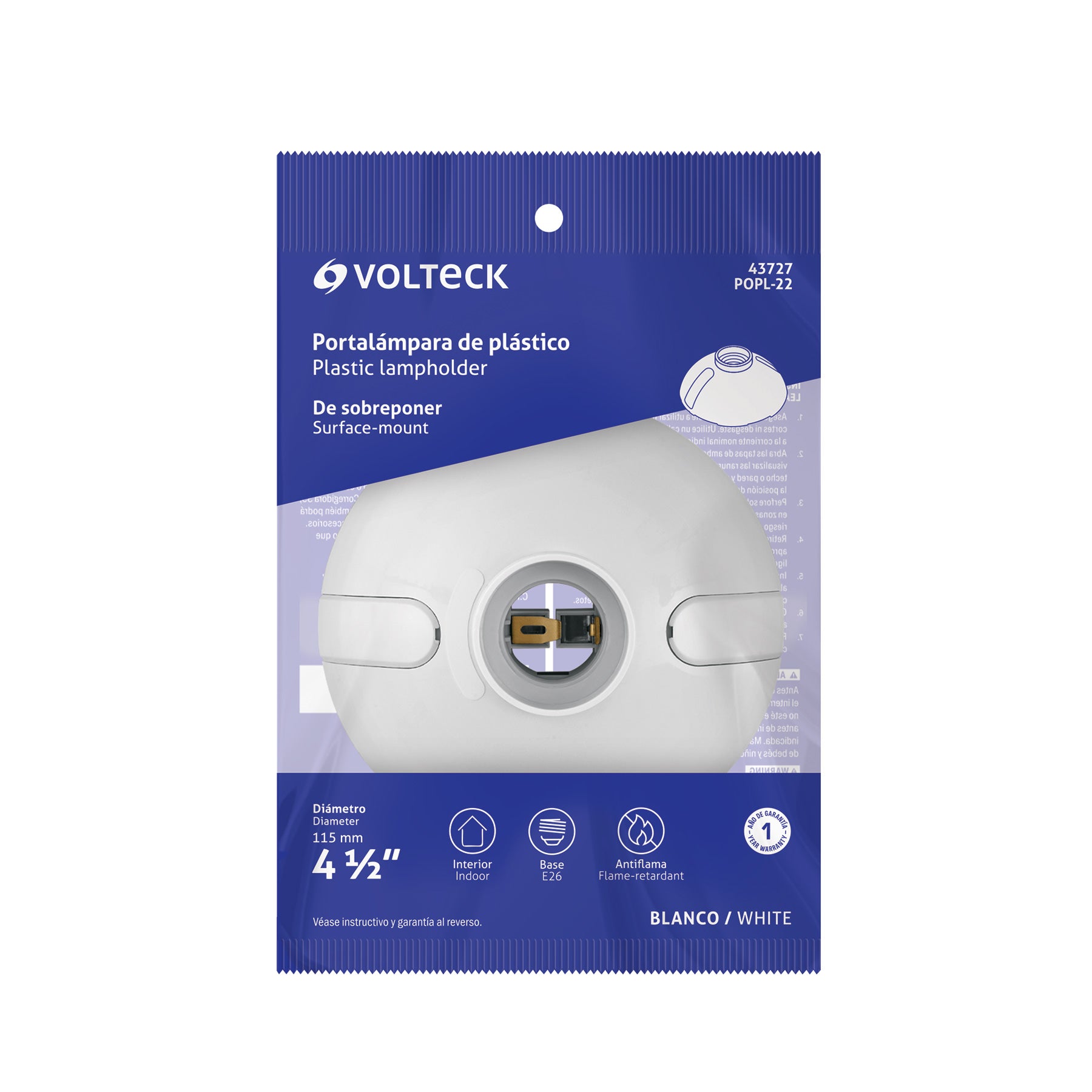 Portalámpara 4-1/2' de plástico, para sobreponer, VOLTECK