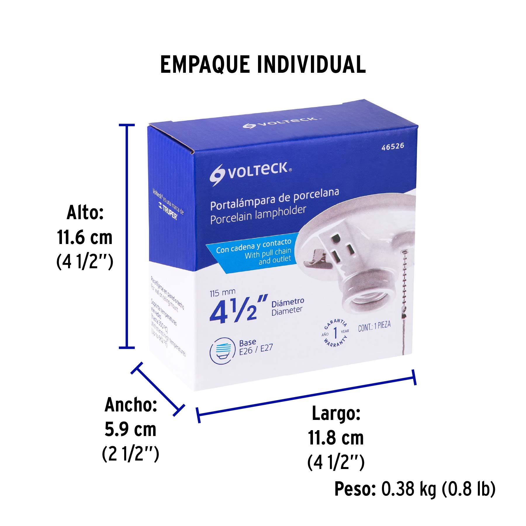 Portalámpara de porcelana, con ladrón y cadena, Volteck