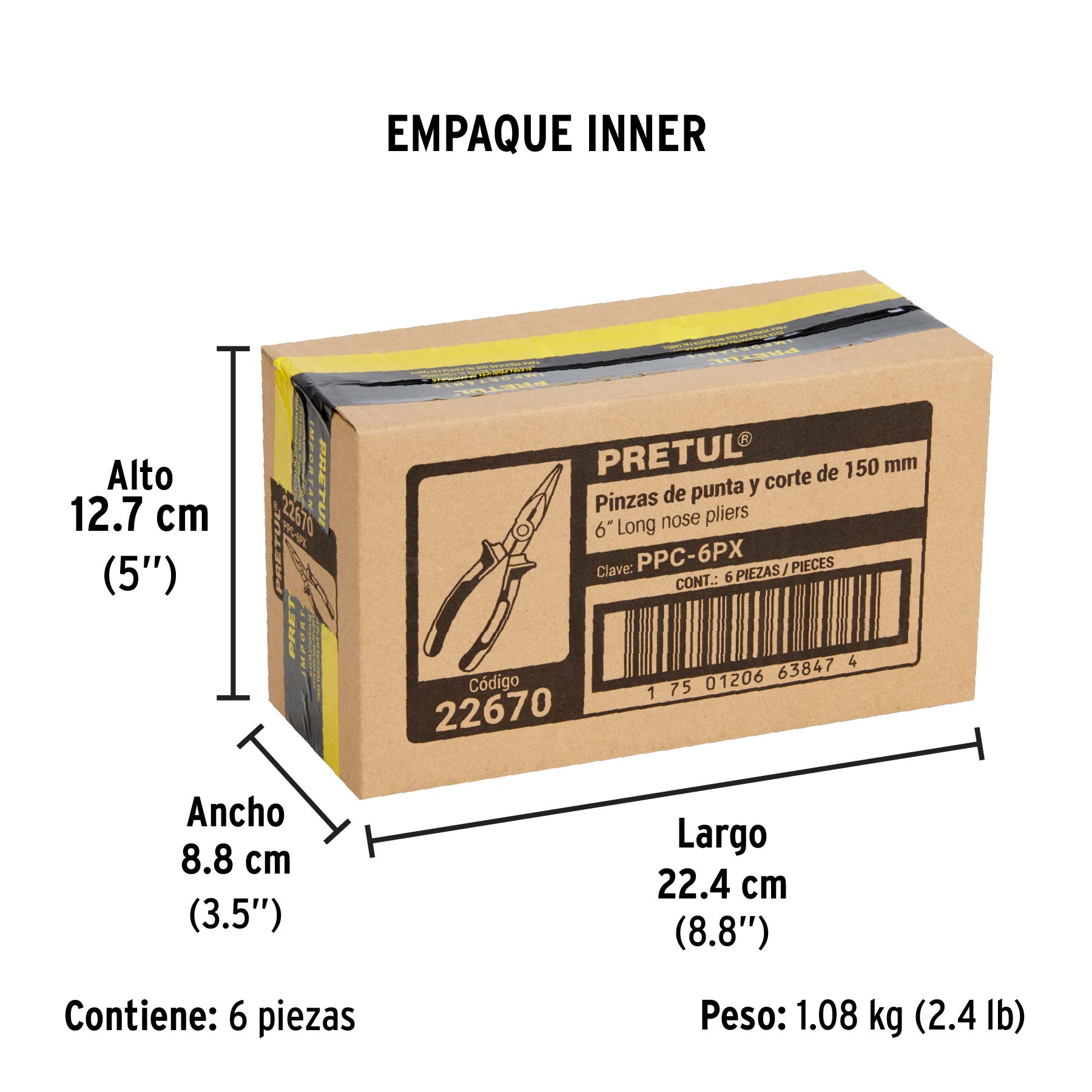 Pinza punta y corte 6", mango comfort grip, pretul