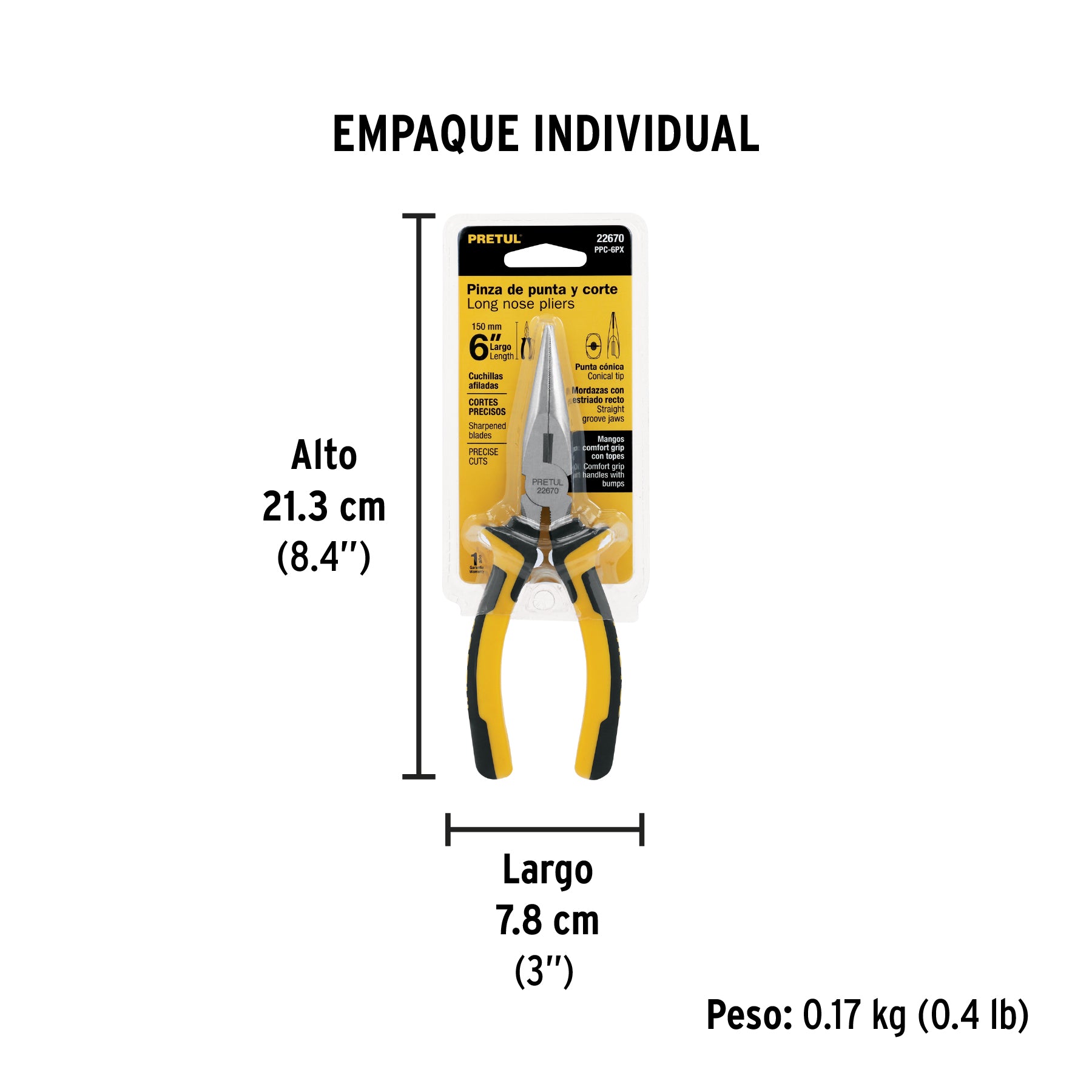 Pinza punta y corte 6", mango comfort grip, pretul