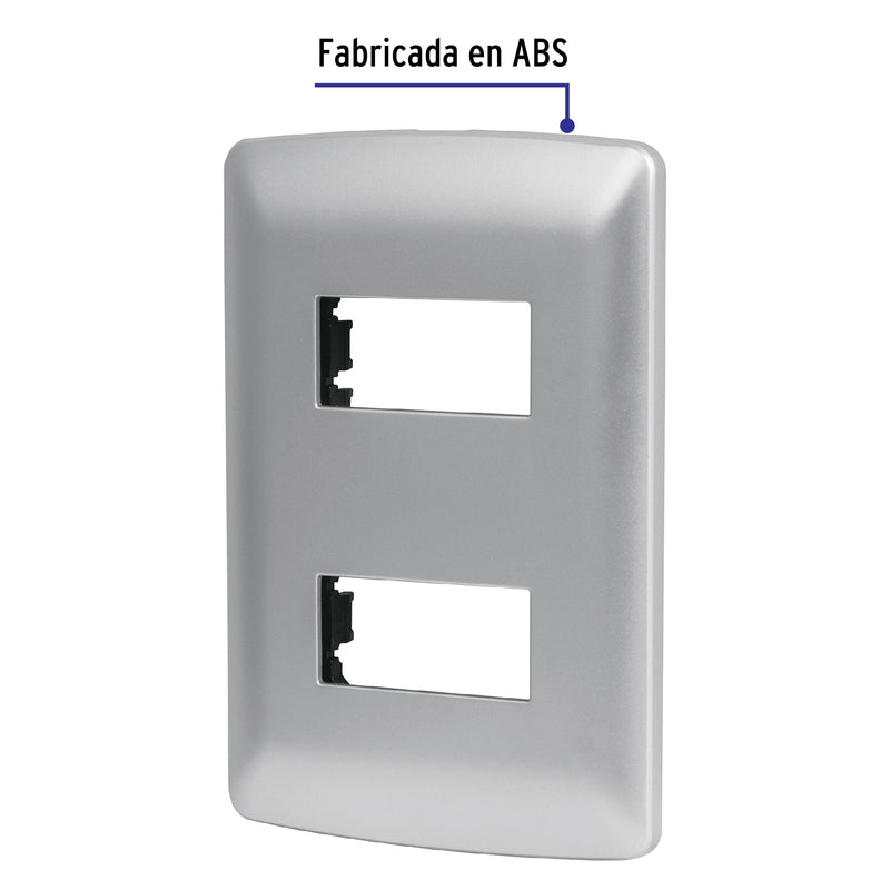 Placa 2 módulos de ABS, línea italiana, color plata, VOLTECK