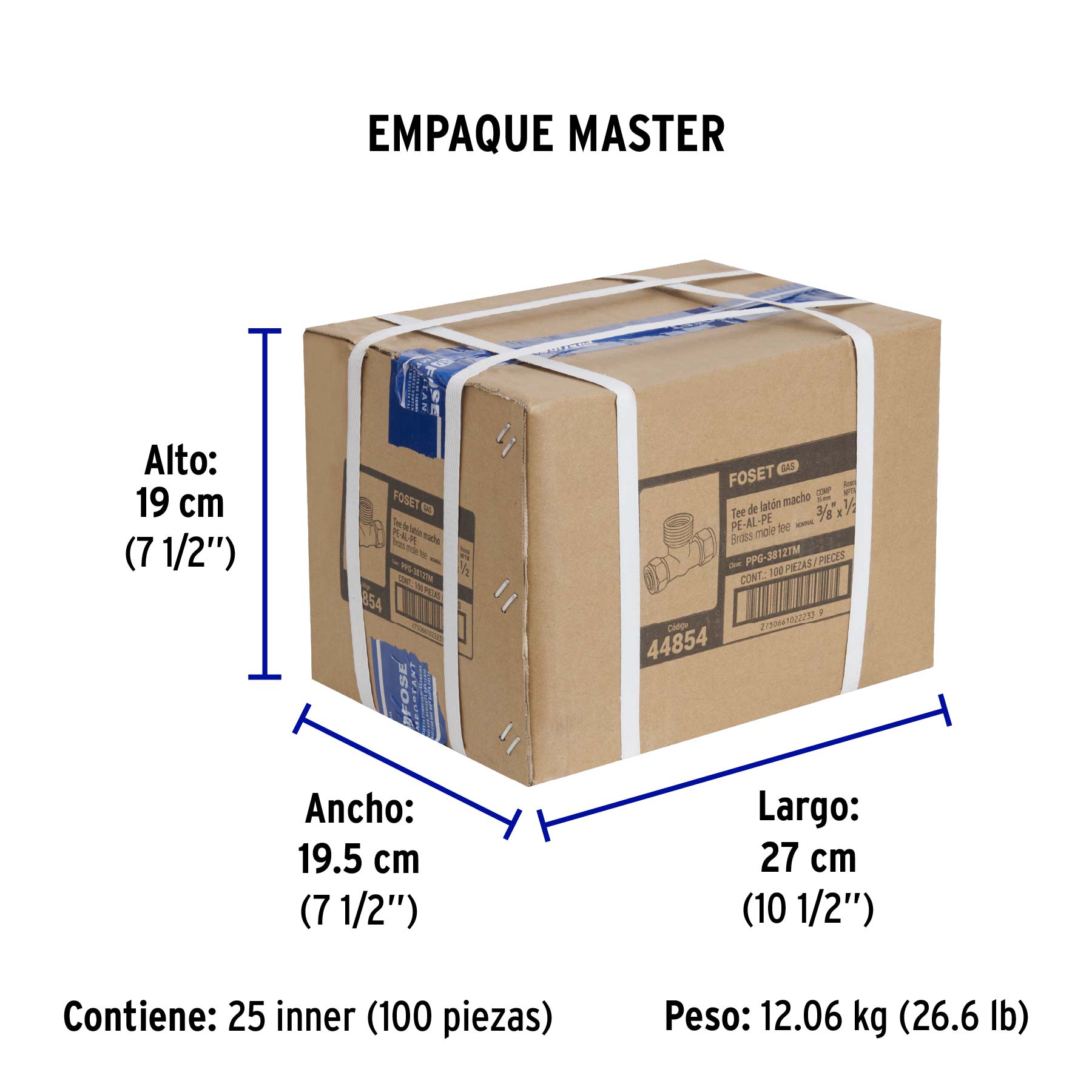 Tee macho para PEALPE, 3/8x1/2x3/8', Foset