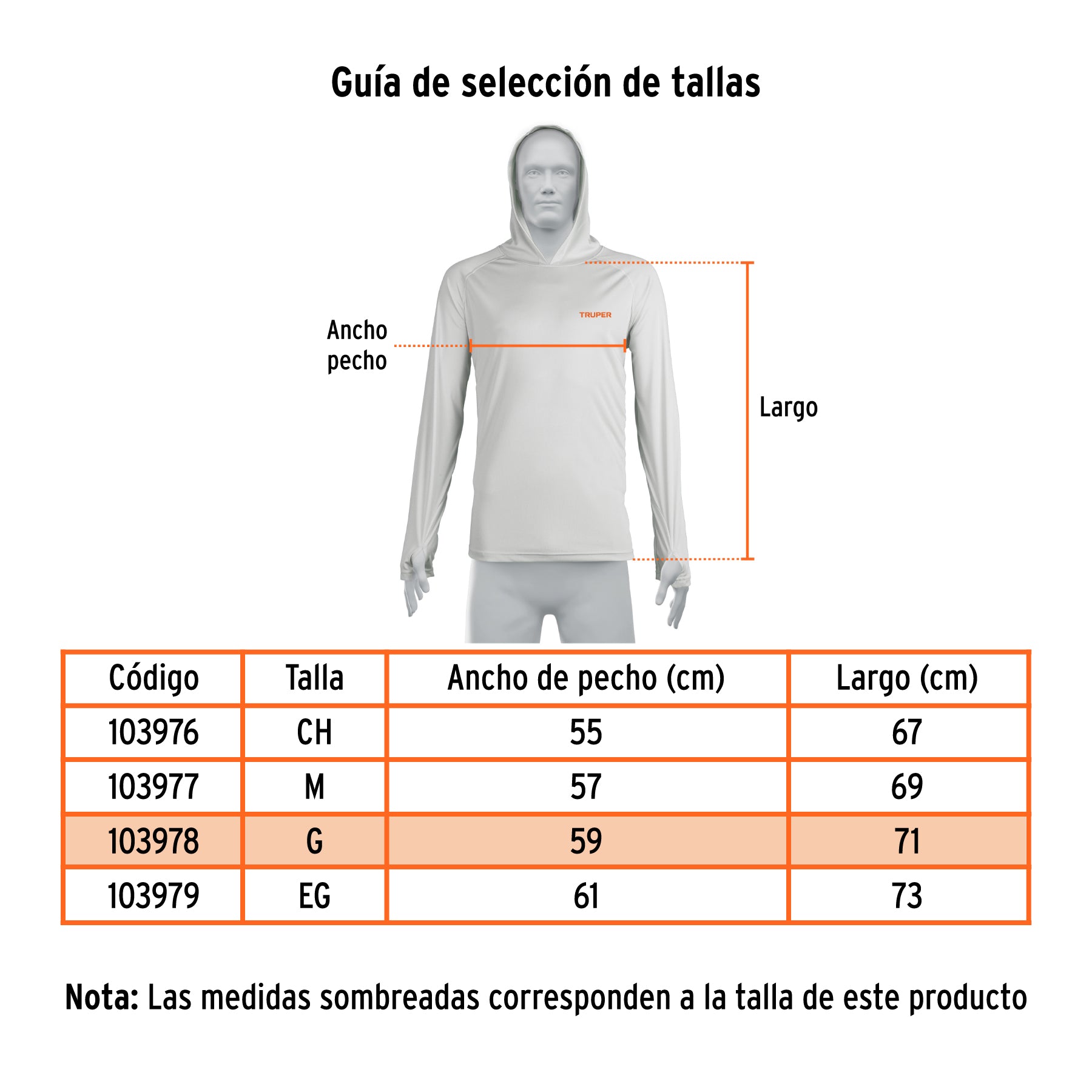 Playera protección solar,m. larga, c/gorro,hombre,G, TRUPER